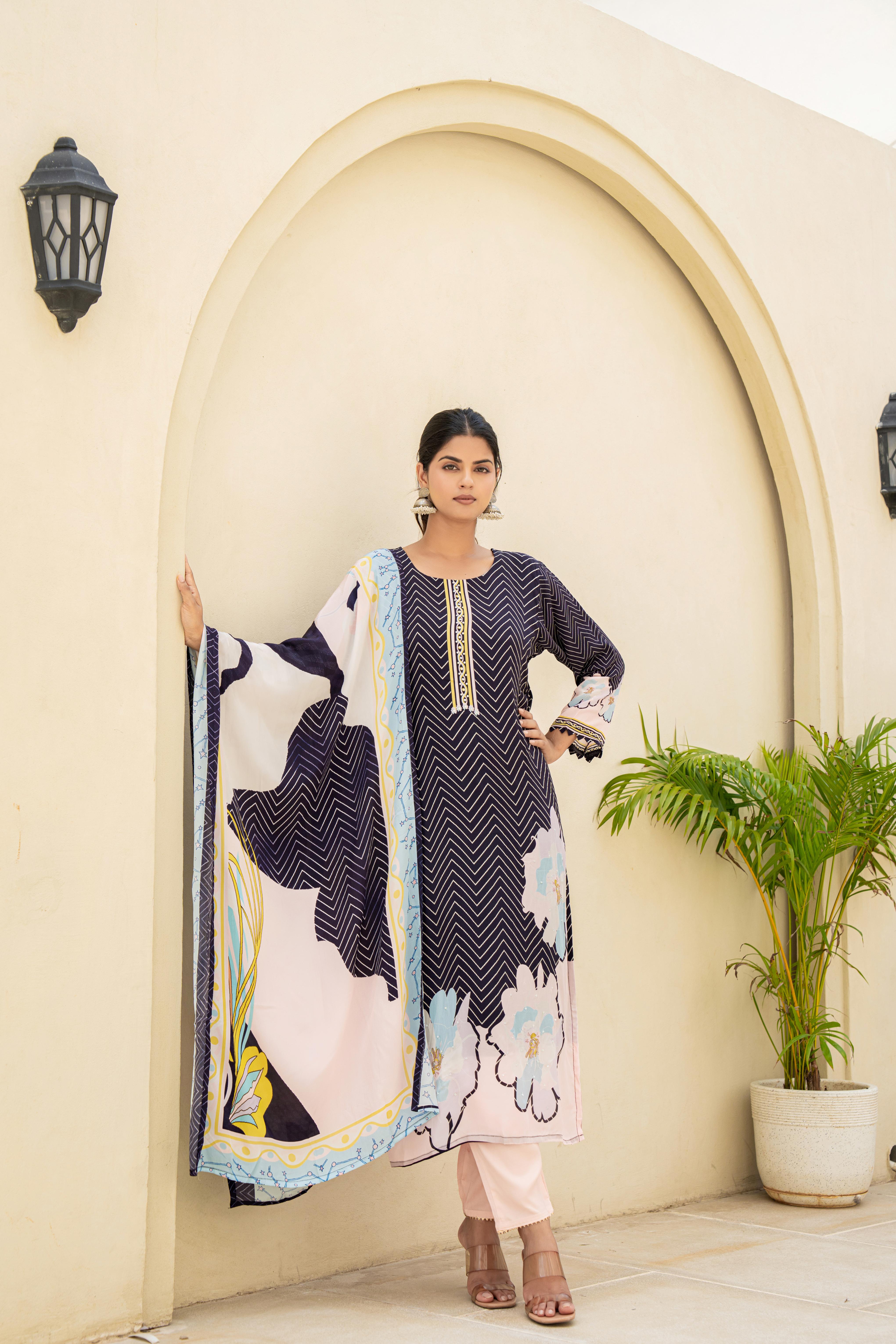 Navy Blue Printed Kurti Set with Contrasting Dupatta front view