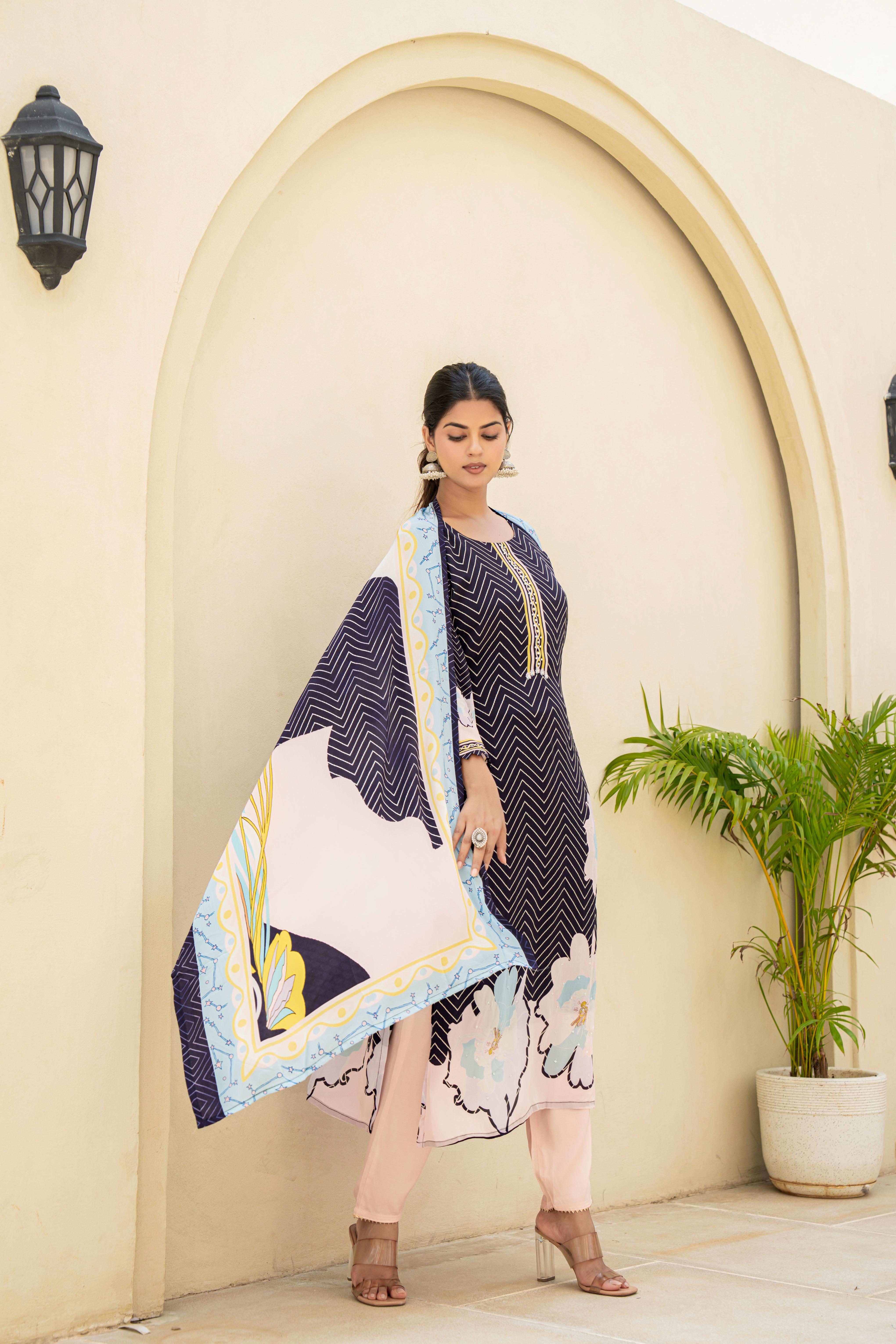 Navy Blue Printed Kurti Set with Contrasting Dupatta dupatta view