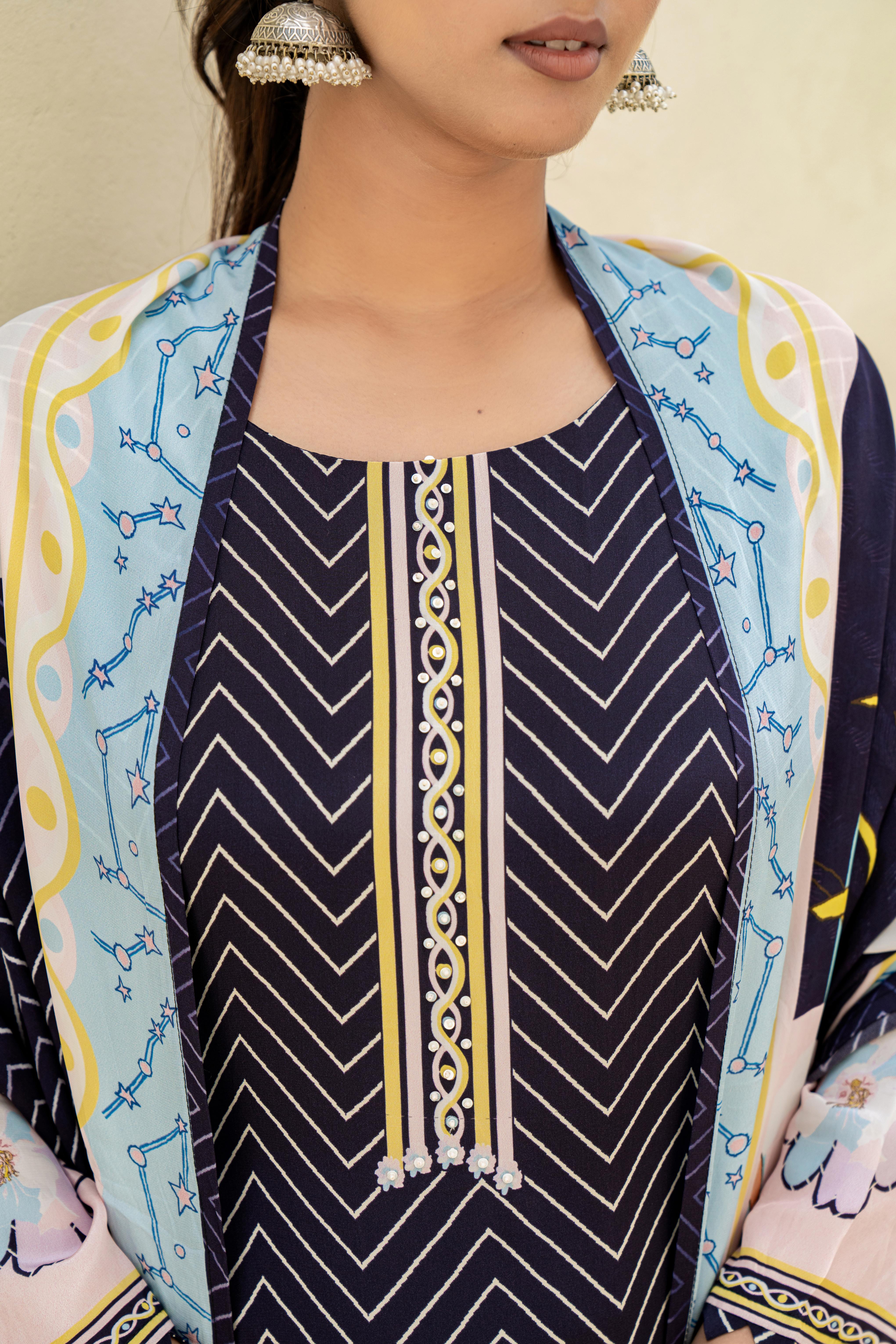 Navy Blue Printed Kurti Set with Contrasting Dupatta top view