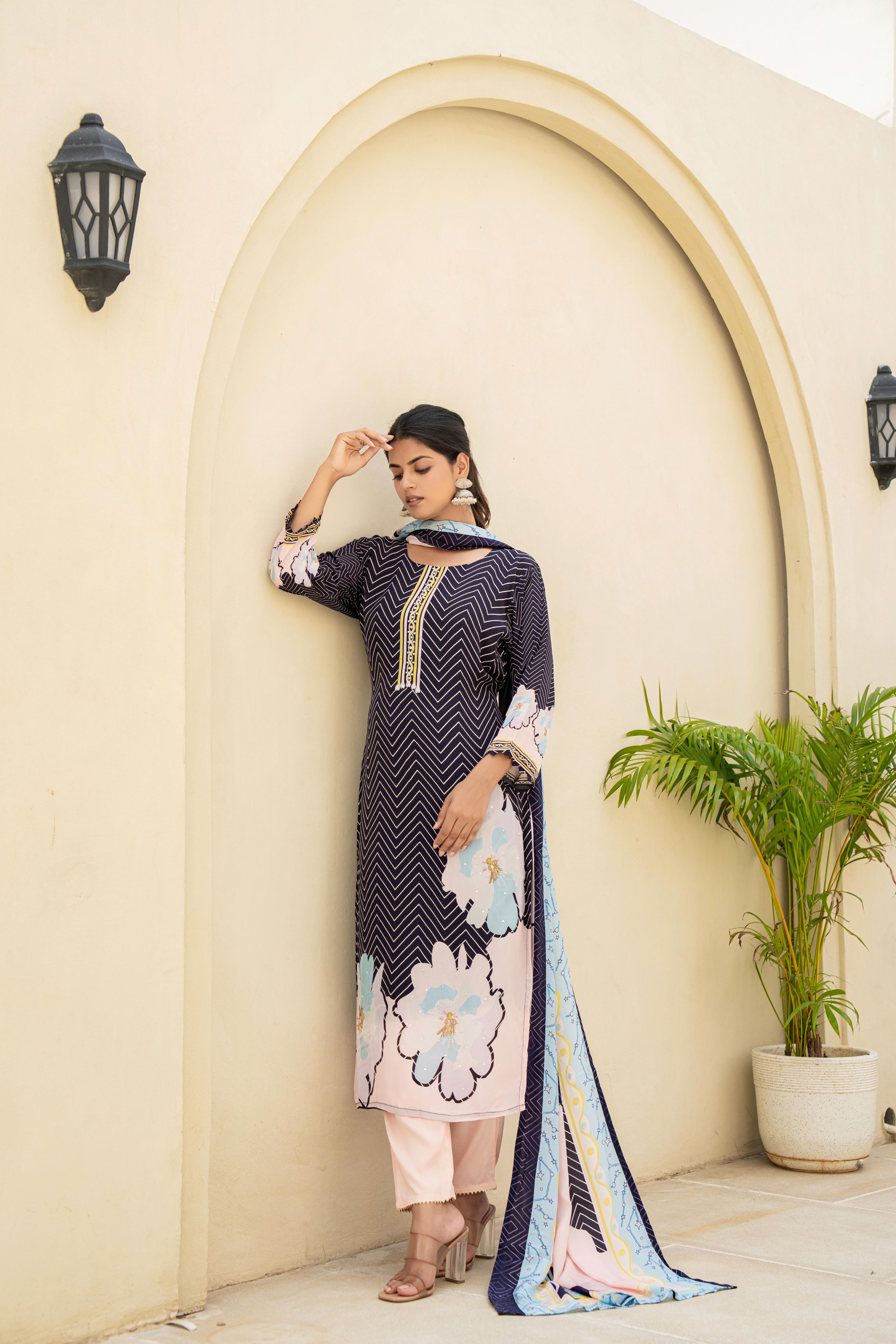 Navy Blue Printed Kurti Set with Contrasting Dupatta side view