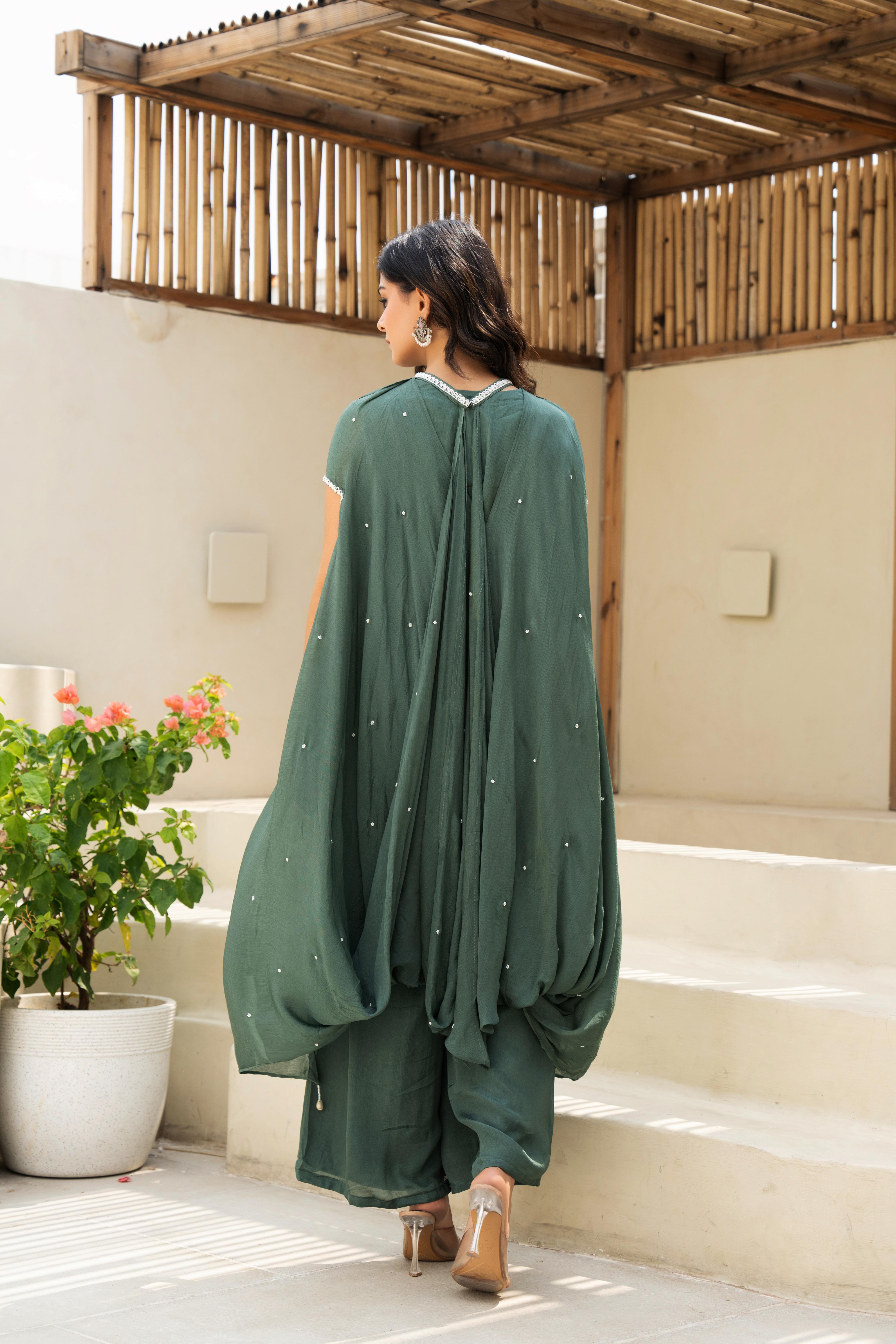 Olive Green Embroidered Three-Piece Co-ord Set with Cape back view