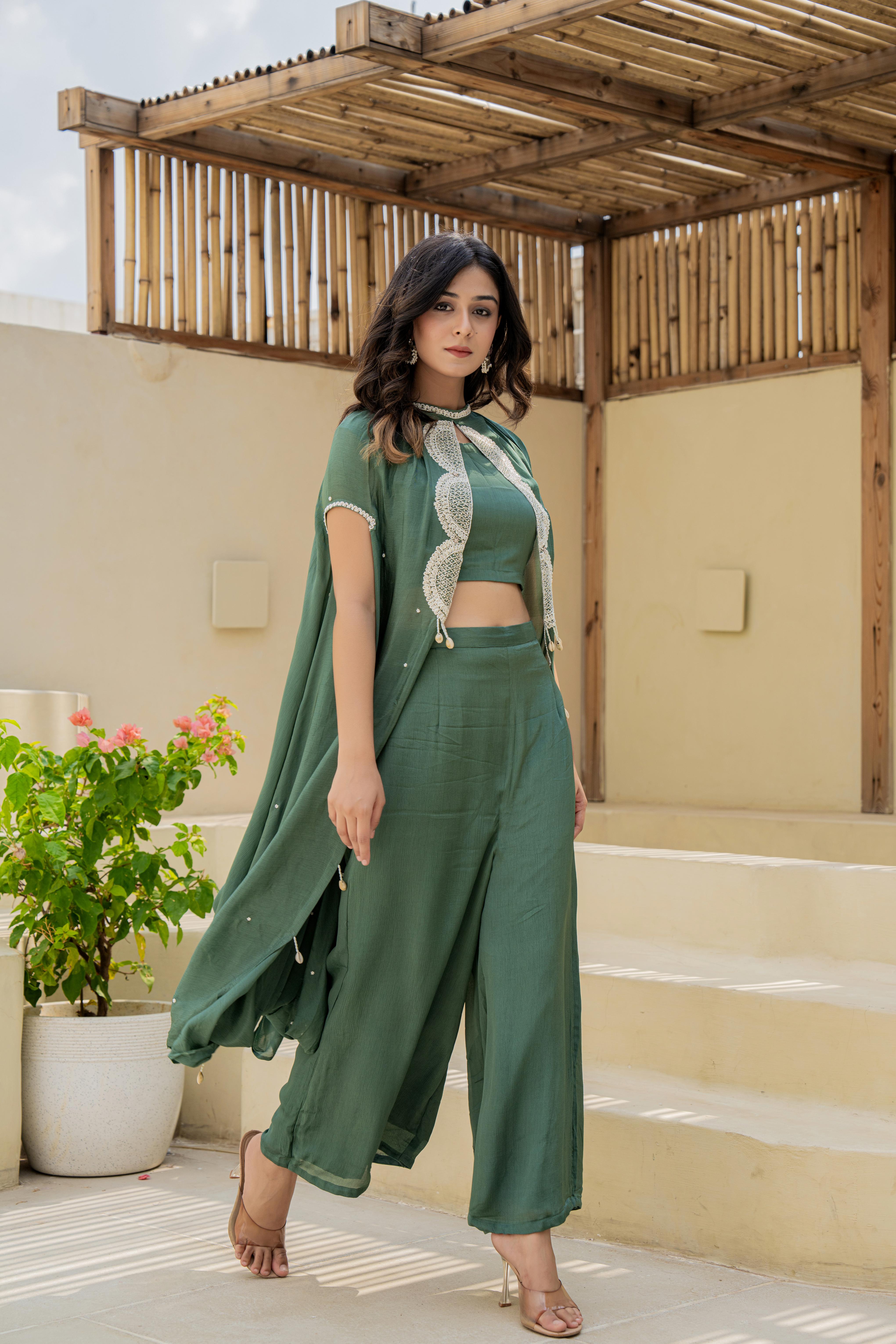Olive Green Embroidered Three-Piece Co-ord Set with Cape side view