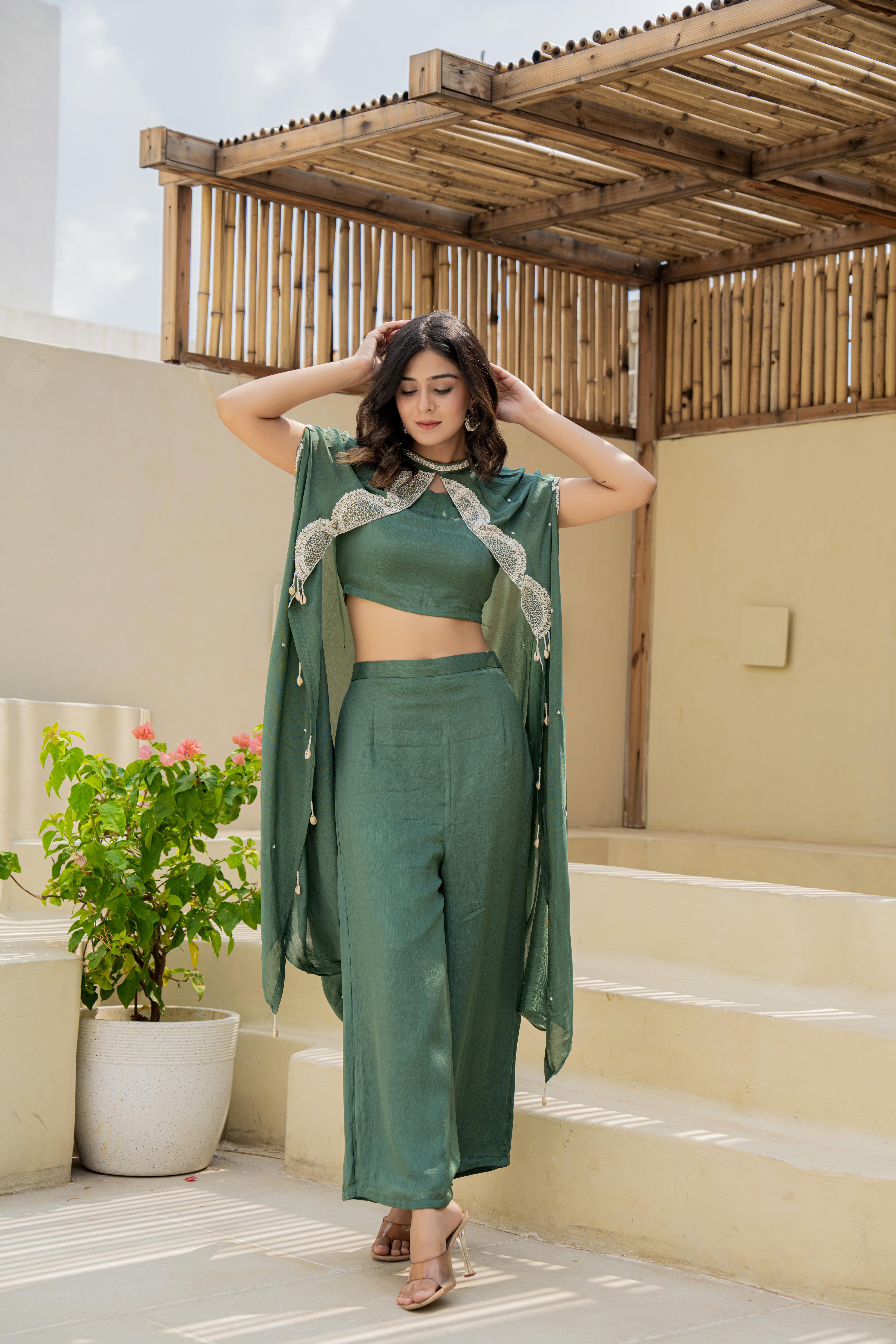Olive Green Embroidered Three-Piece Co-ord Set with Cape front view