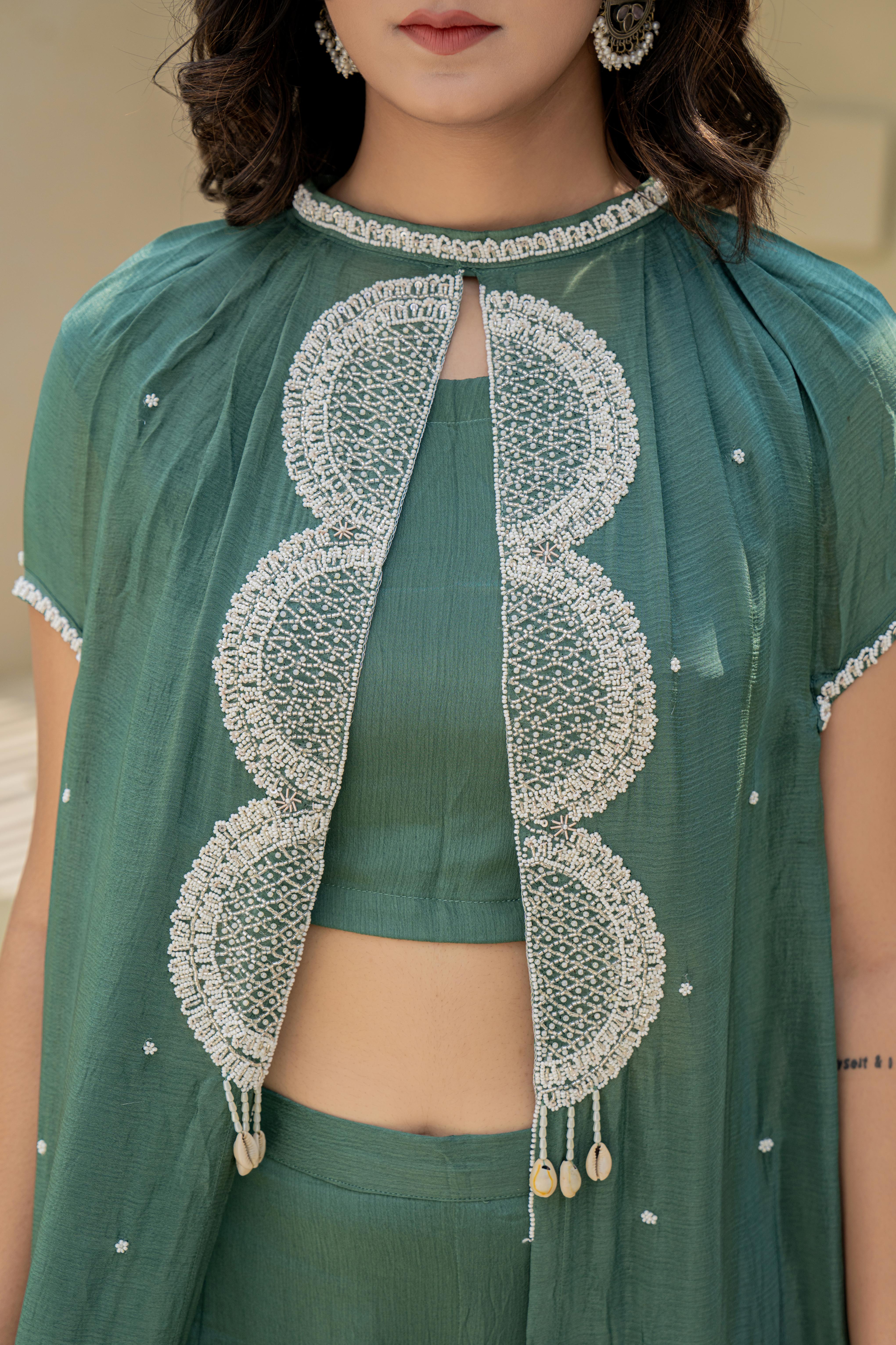 Olive Green Embroidered Three-Piece Co-ord Set with Cape top view