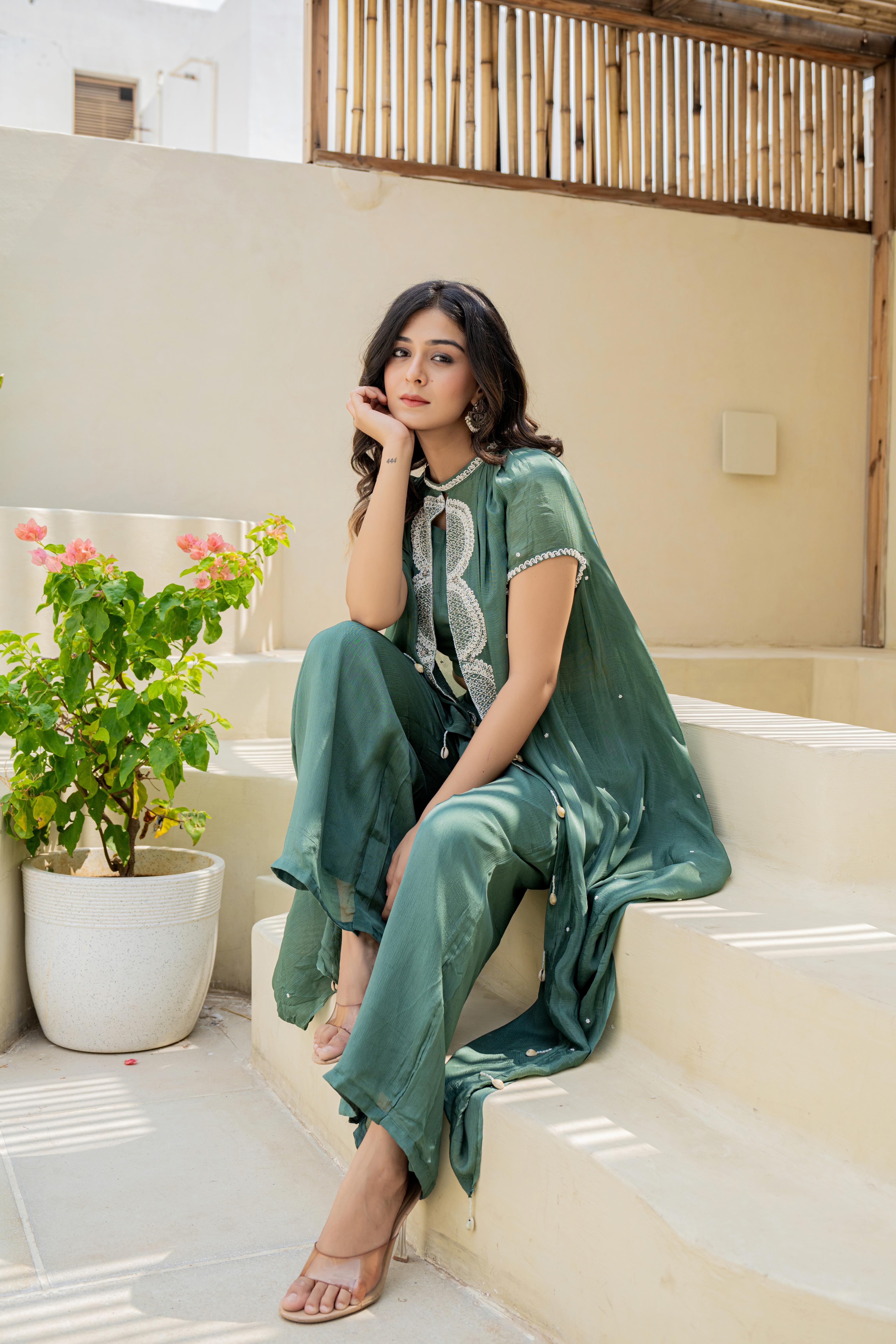 Olive Green Embroidered Three-Piece Co-ord Set with Cape sitting view