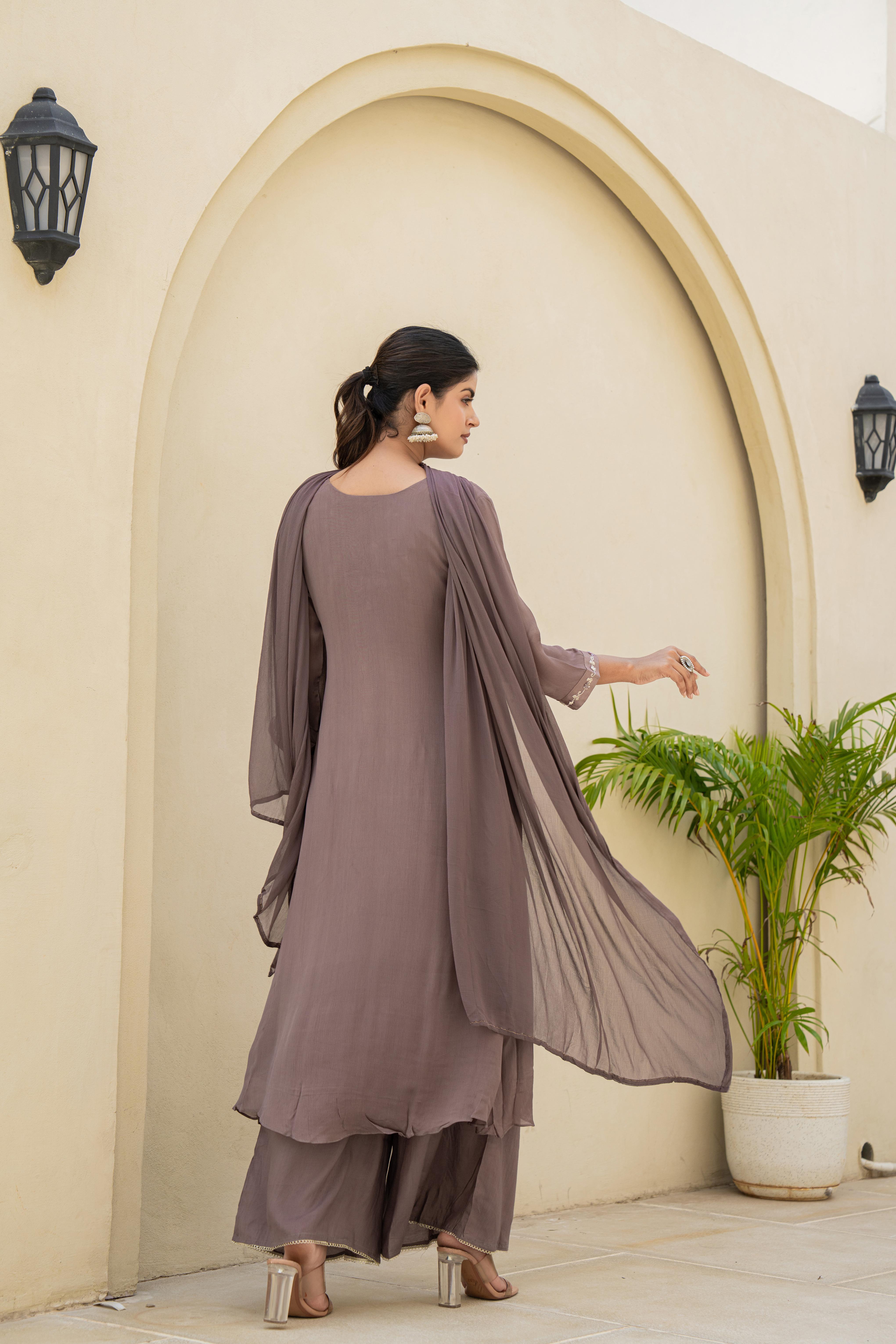 Taupe Embroidered A-Line Kurti Set with Dupatta back view