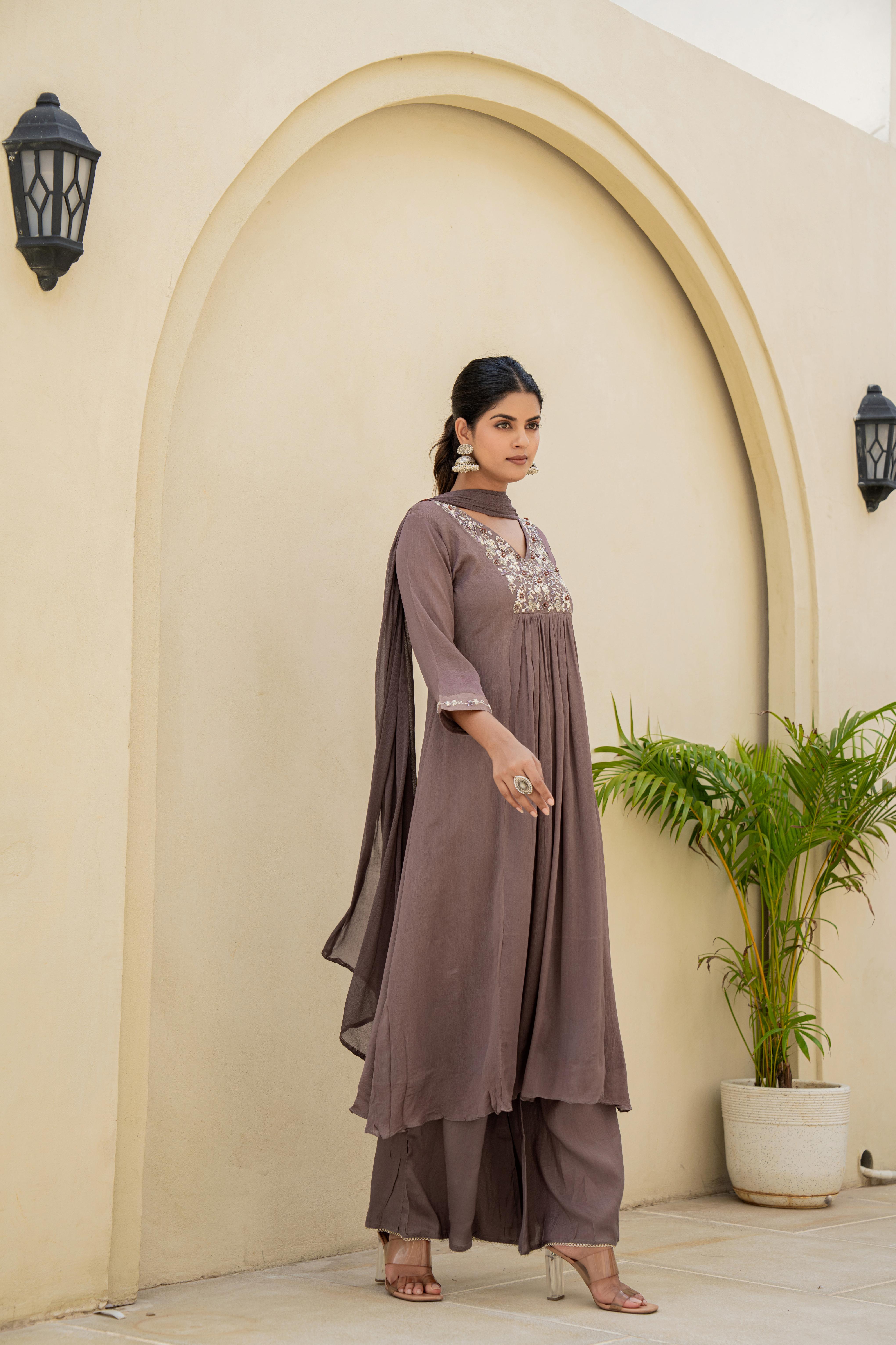 Taupe Embroidered A-Line Kurti Set with Dupatta side view
