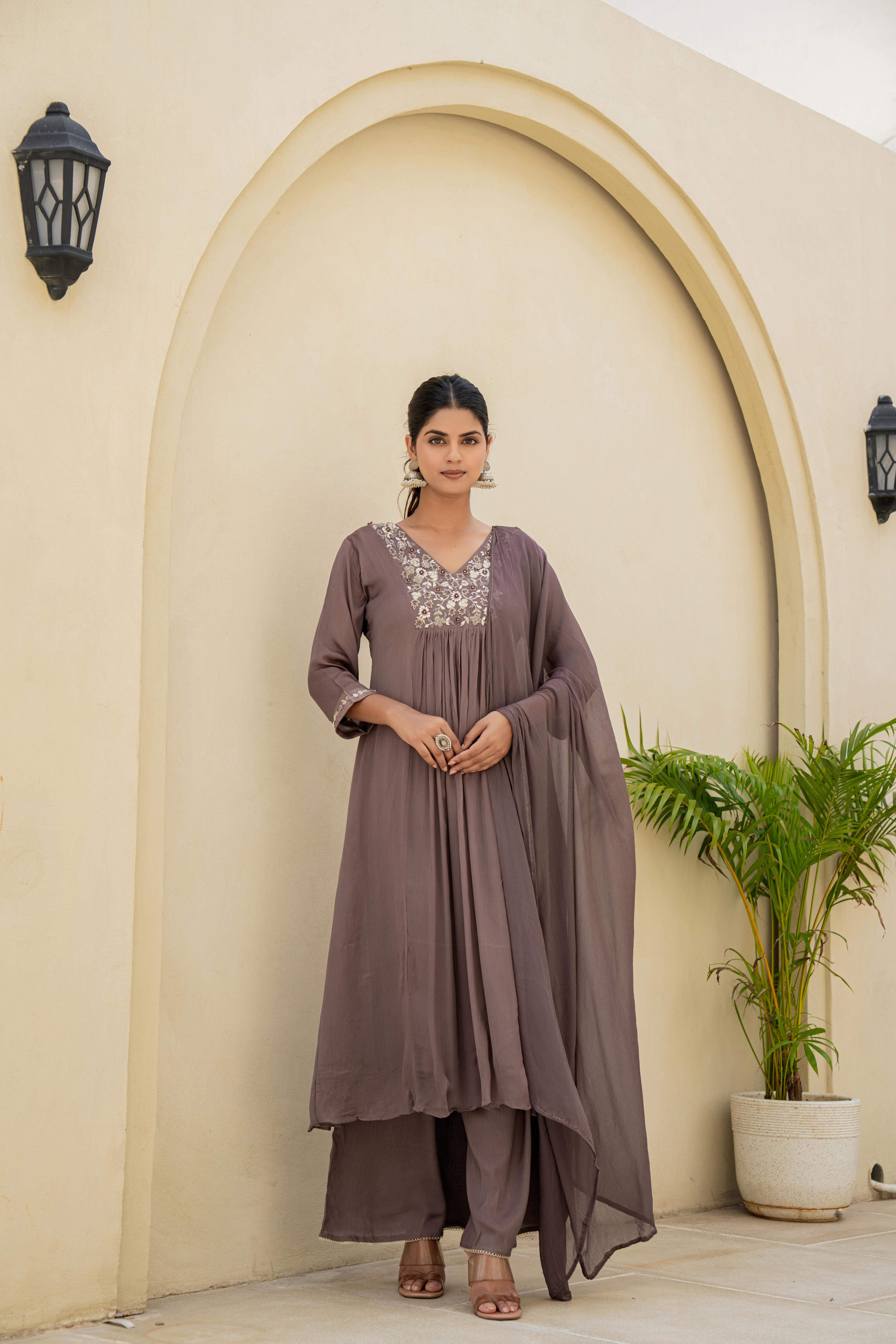 Taupe Embroidered A-Line Kurti Set with Dupatta front view