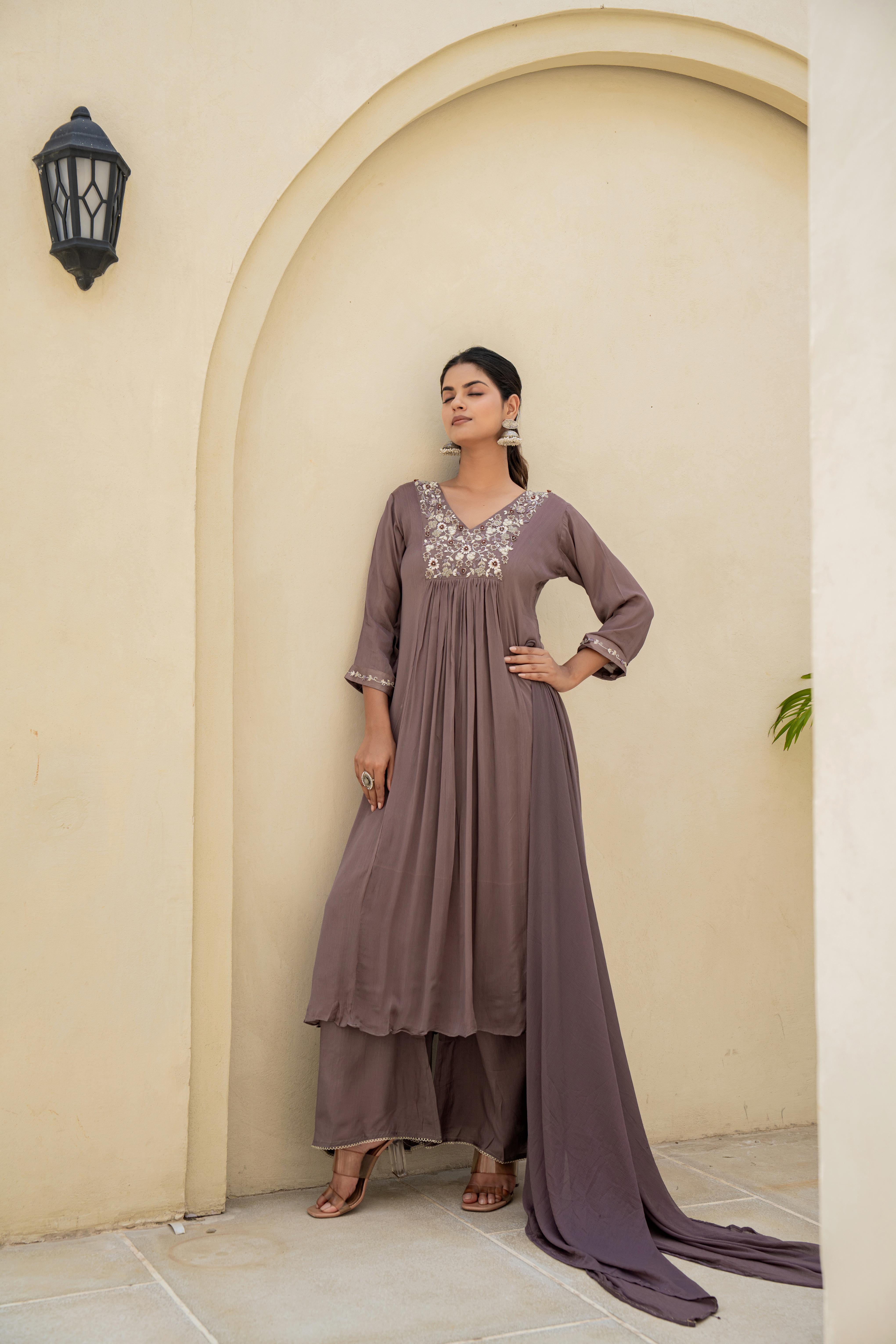 Taupe Embroidered A-Line Kurti Set with Dupatta top view