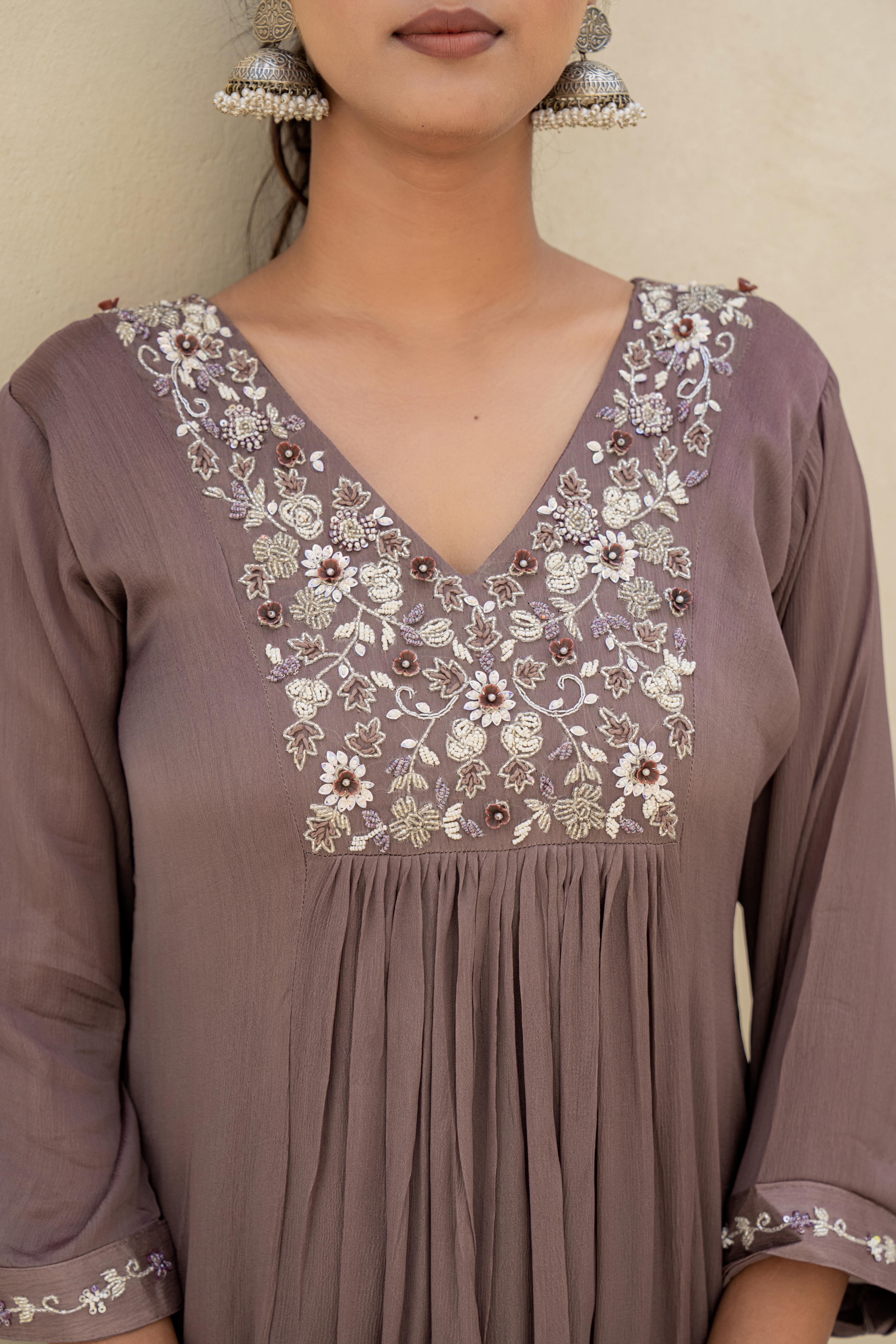 Taupe Embroidered A-Line Kurti Set with Dupatta neck yoke view
