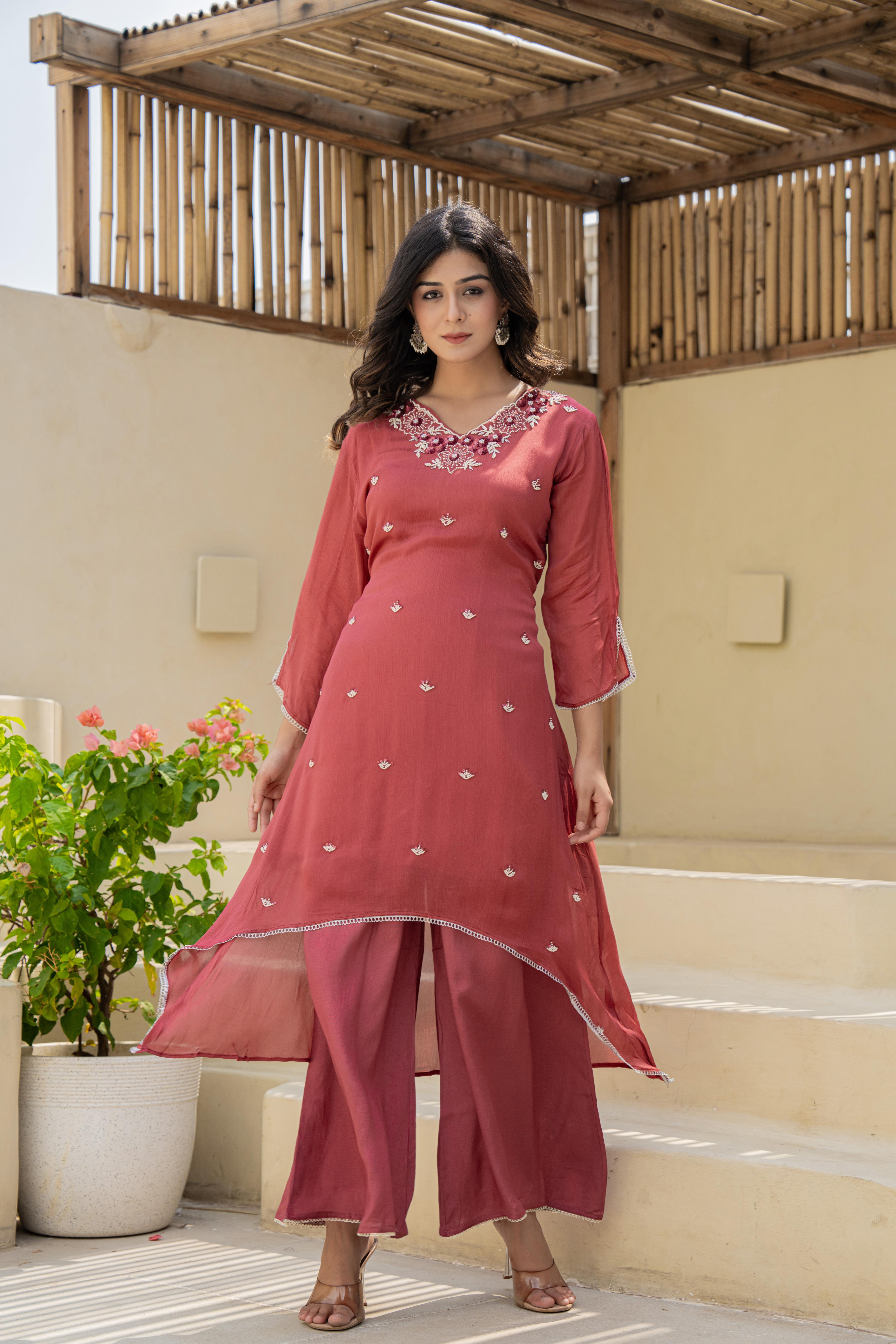 Rust Embroidered High-Low A-Line Kurti Set with Dupatta | House of Olivia kurti and bottom view
