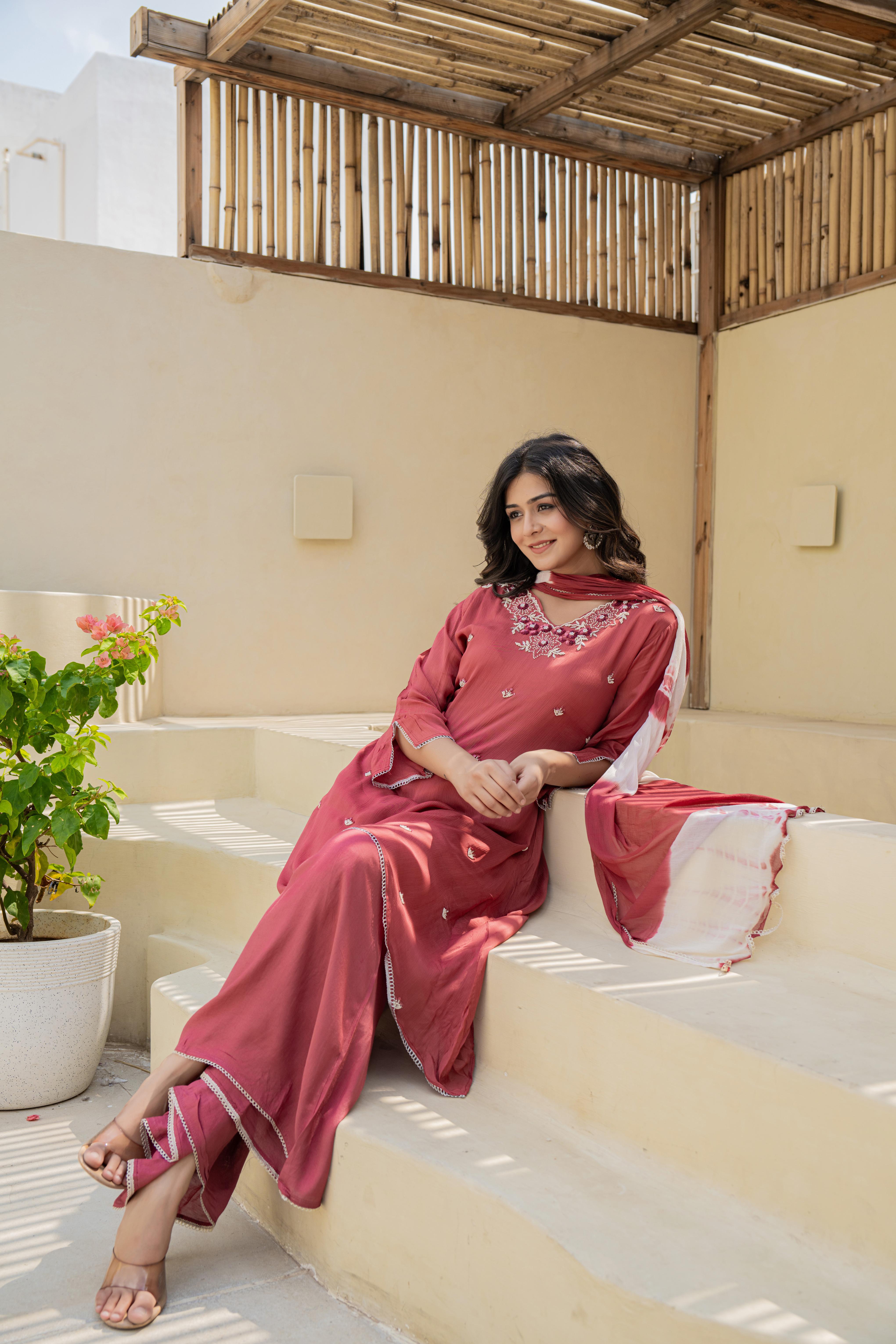 Rust Embroidered High-Low A-Line Kurti Set with Dupatta | House of Olivia