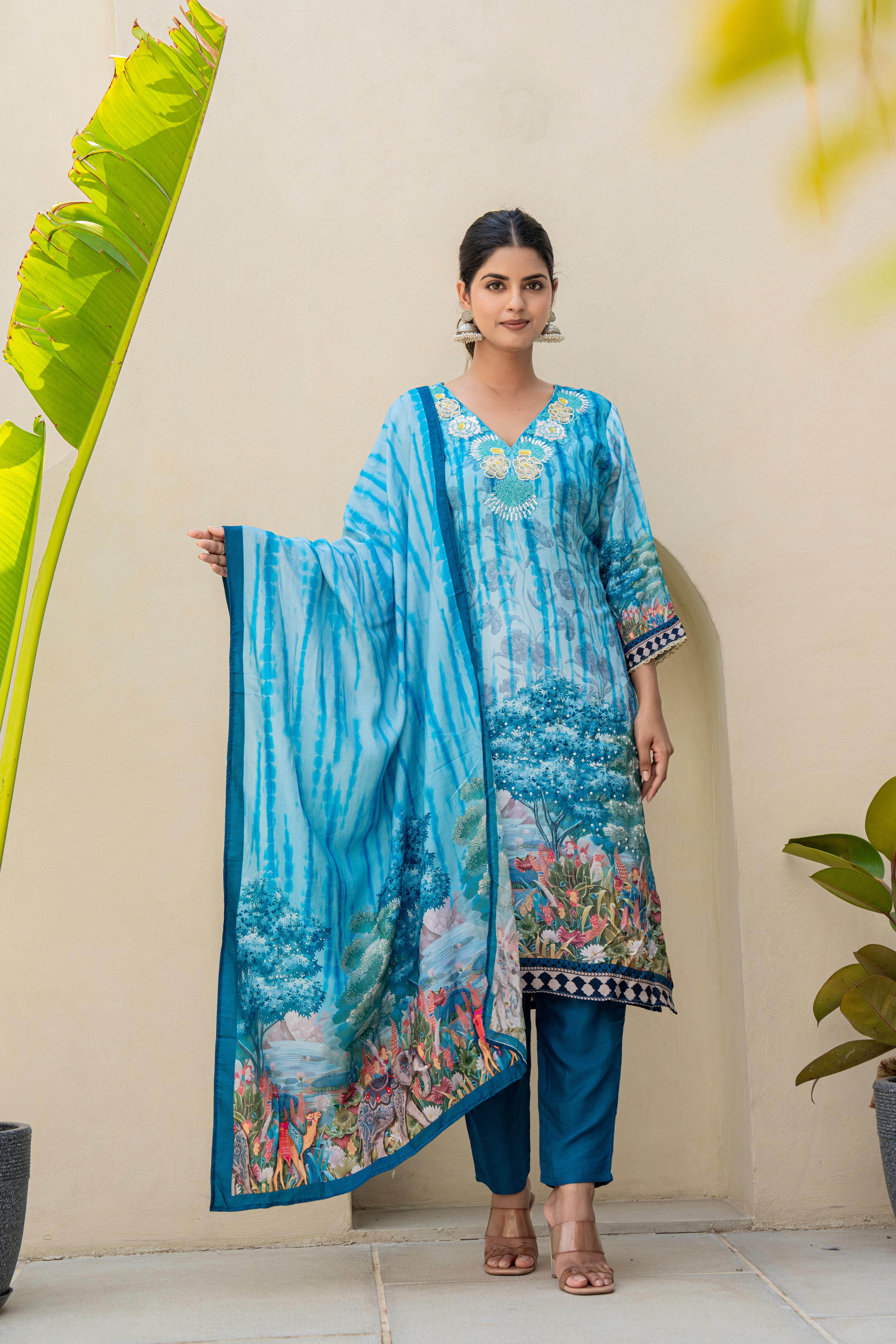 Blue Printed Kurti Set with Embroidered Neckline and Scenic Dupatta | House of Olivia front view