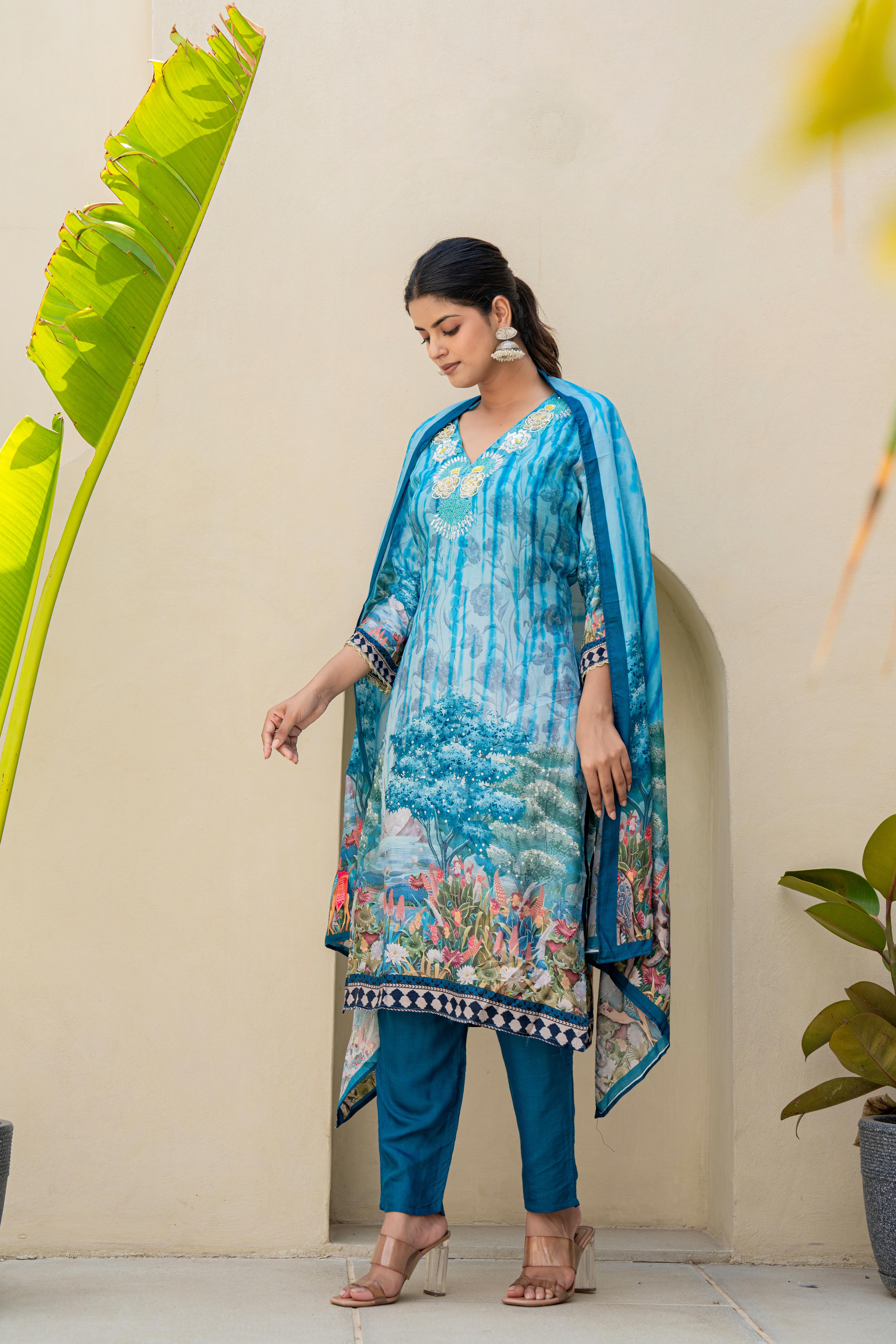 Blue Printed Kurti Set with Embroidered Neckline and Scenic Dupatta | House of Olivia side view