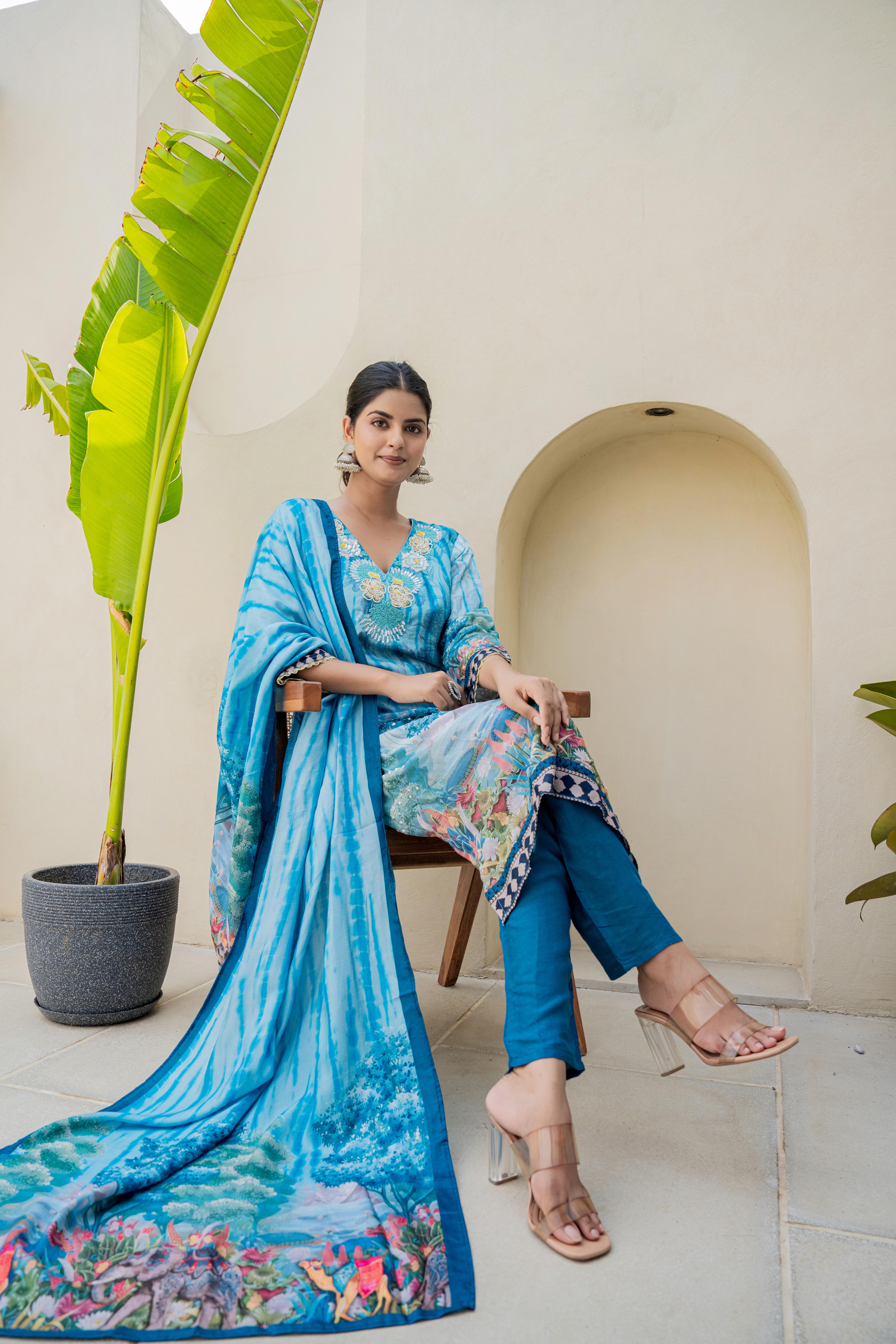 Blue Printed Kurti Set with Embroidered Neckline and Scenic Dupatta | House of Olivia dupatta view