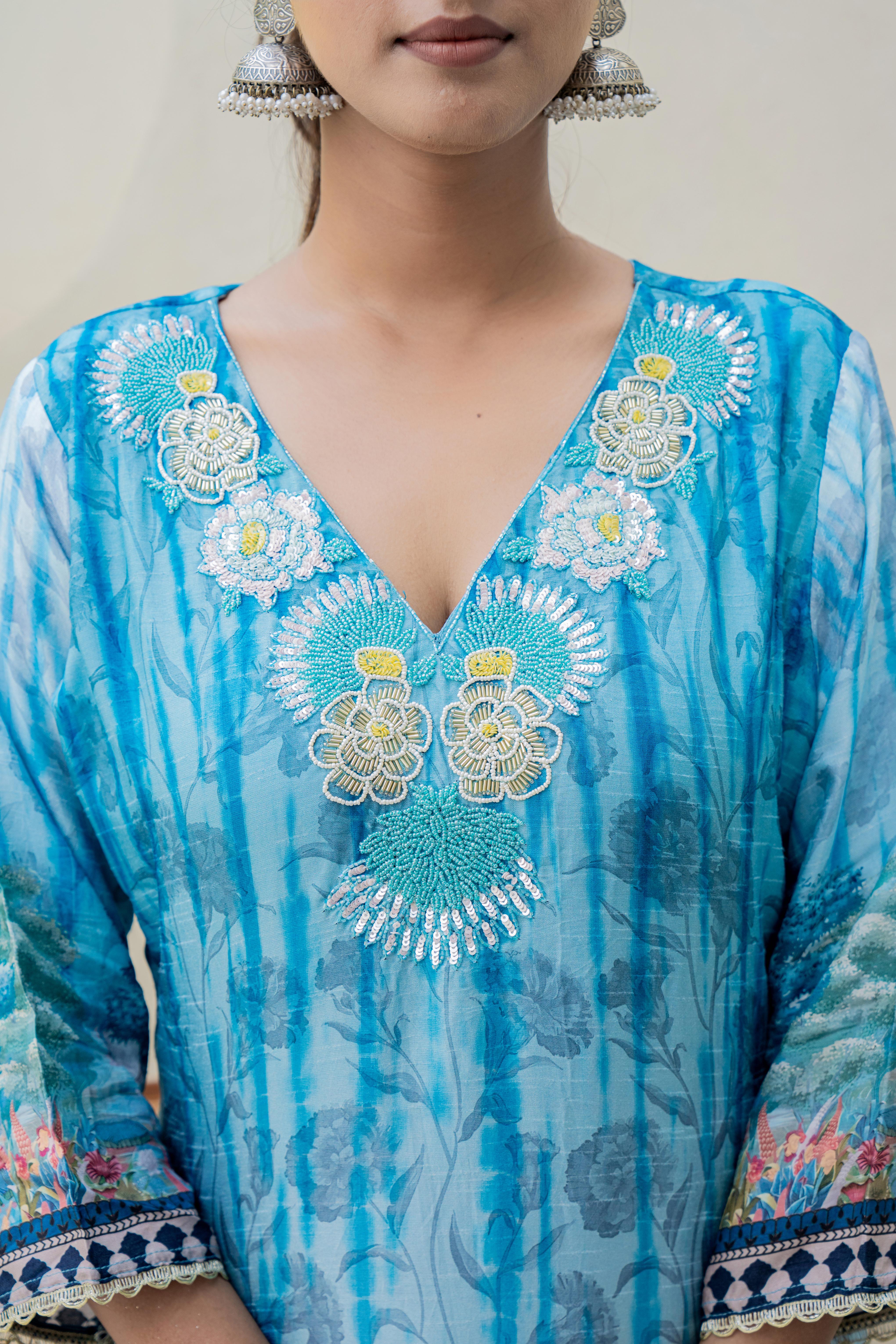 Blue Printed Kurti Set with Embroidered Neckline and Scenic Dupatta | House of Olivia neck embroidery view