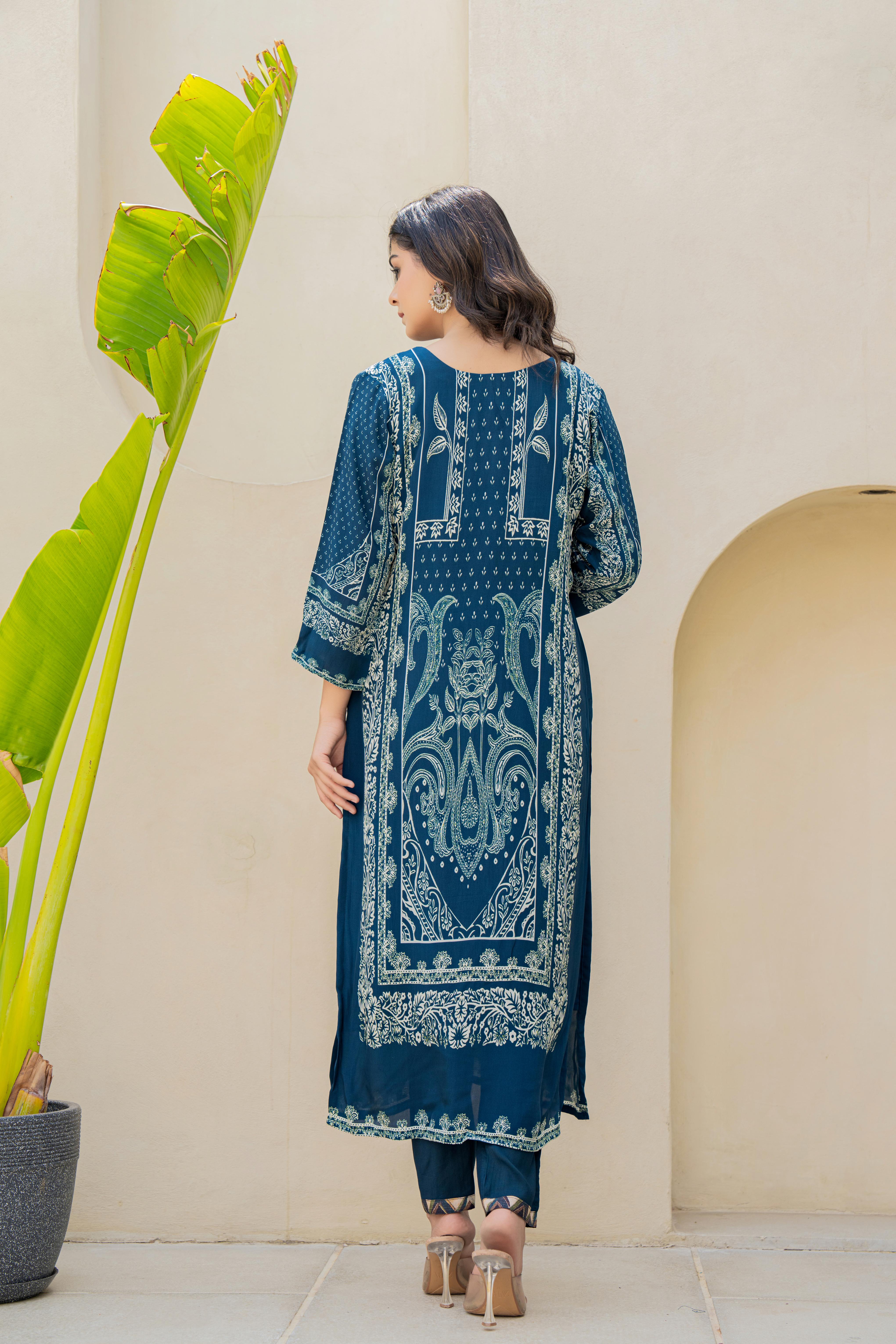 Teal Blue Printed Kurti Set with Embroidered Neckline and Dupatta | House of Olivia back view