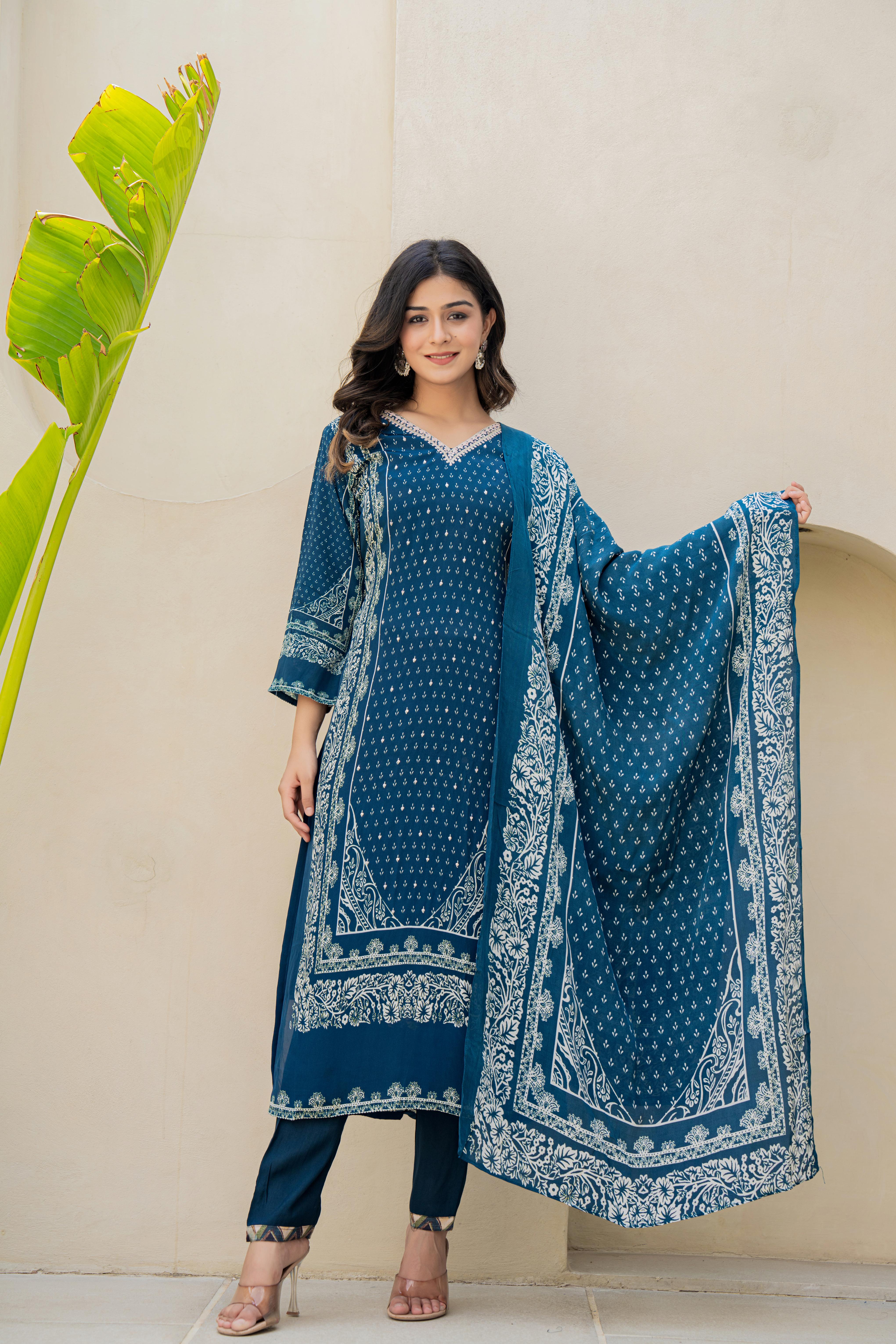 Teal Blue Printed Kurti Set with Embroidered Neckline and Dupatta | House of Olivia frot view