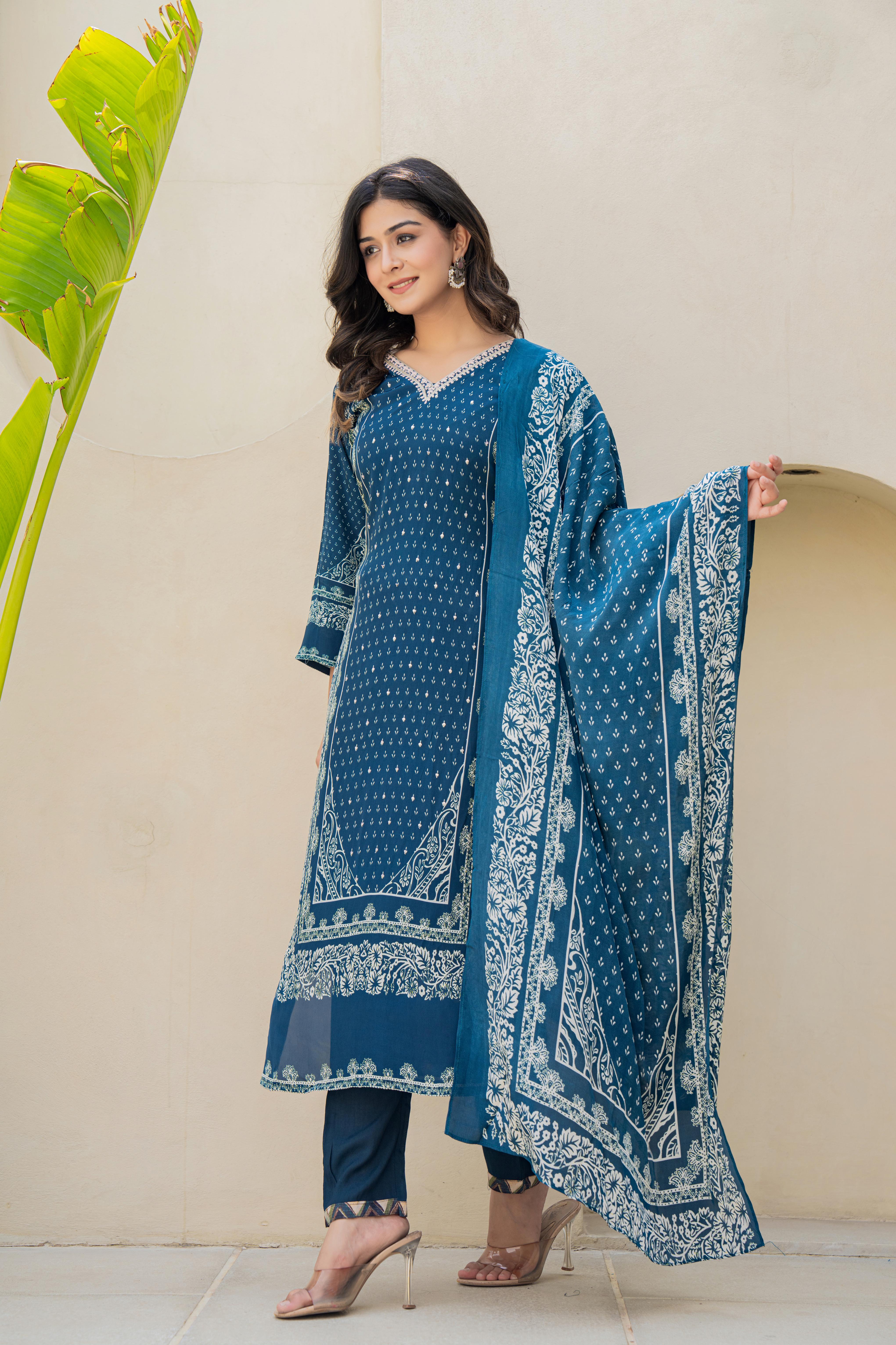 Teal Blue Printed Kurti Set with Embroidered Neckline and Dupatta | House of Olivia dupatta view