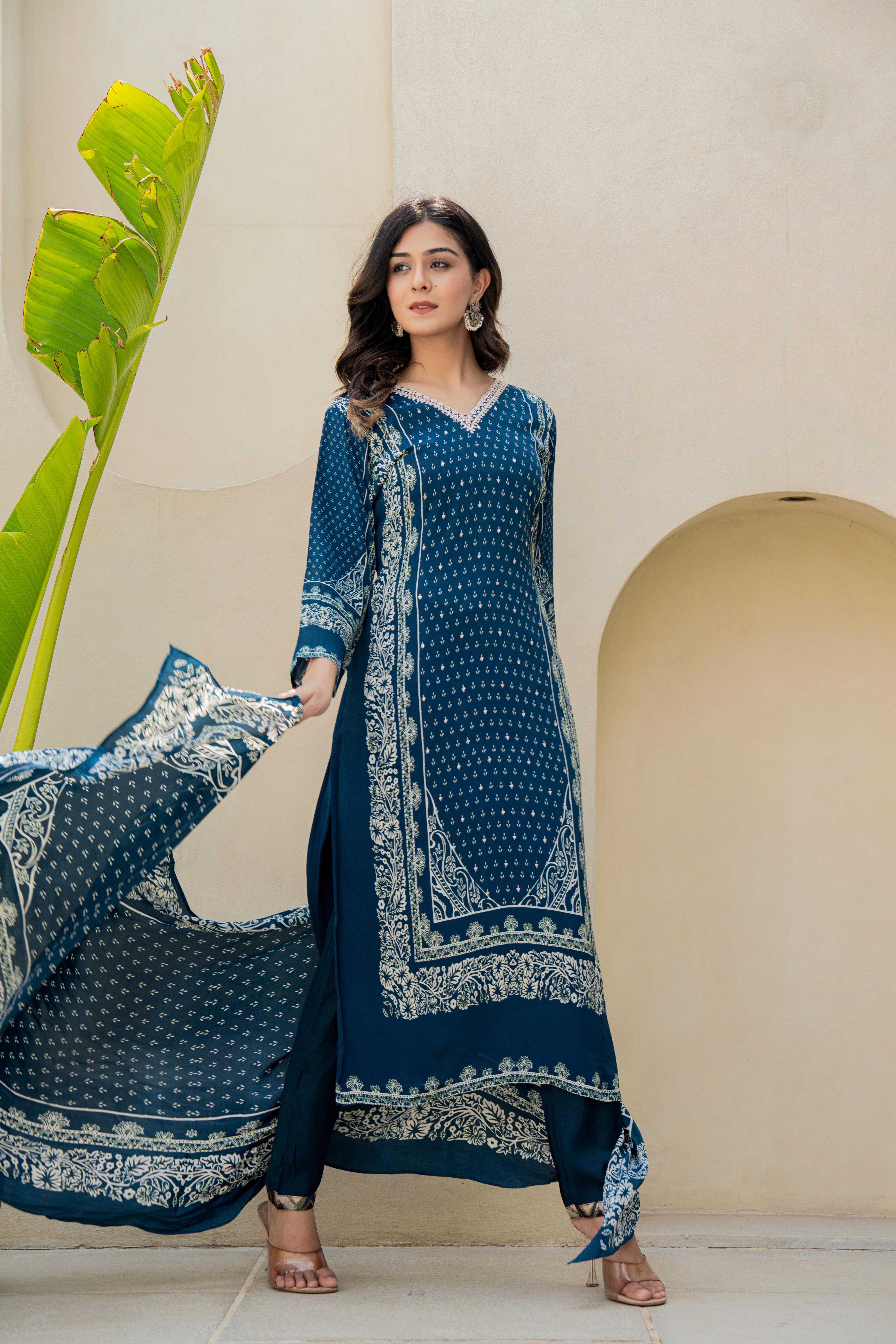 Teal Blue Printed Kurti Set with Embroidered Neckline and Dupatta | House of Olivia side view