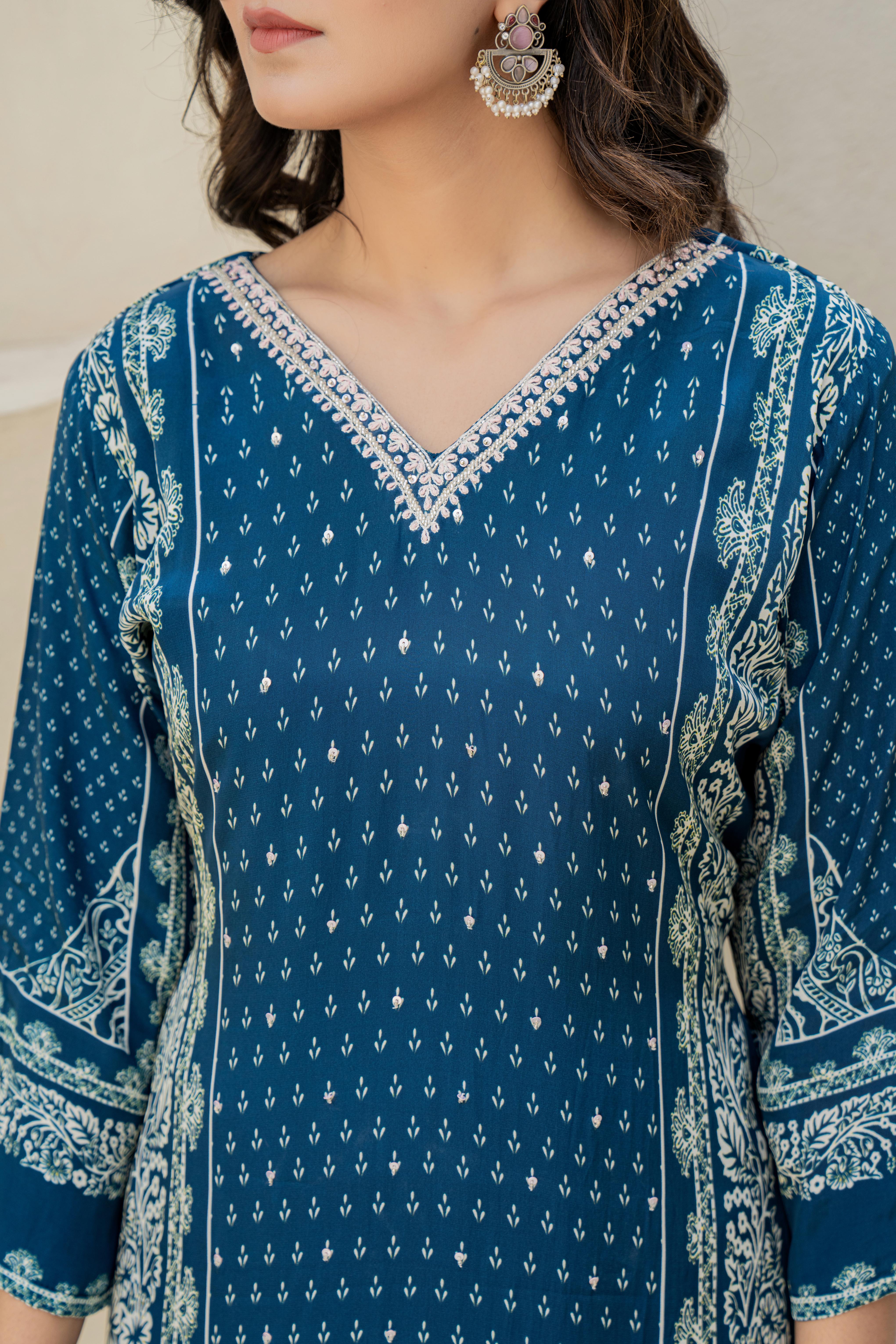 Teal Blue Printed Kurti Set with Embroidered Neckline and Dupatta | House of Olivia neck line view