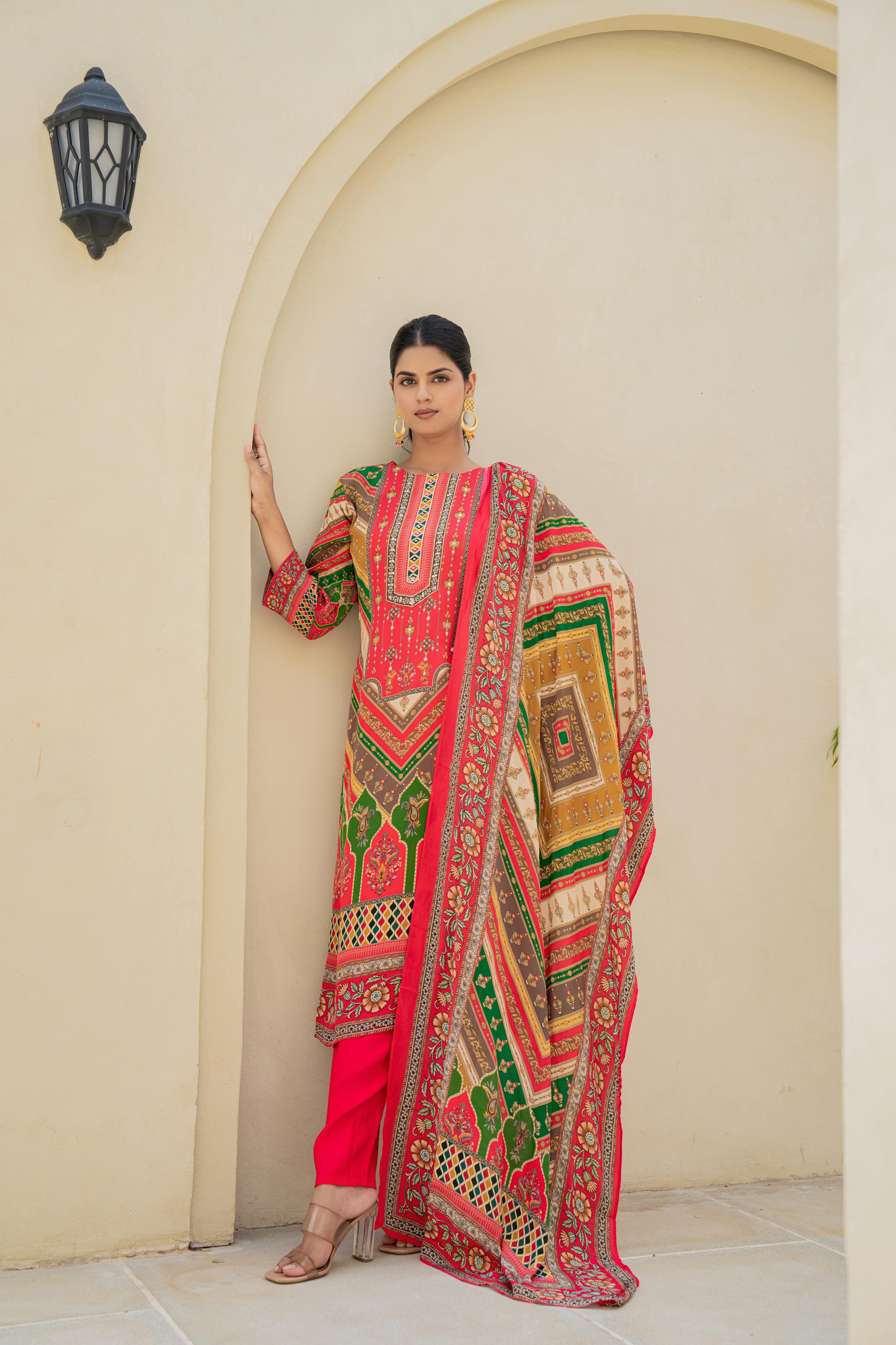 Multicolor Printed Kurti Set with Intricate Detailing and Dupatta | House of Olivia dupatta view