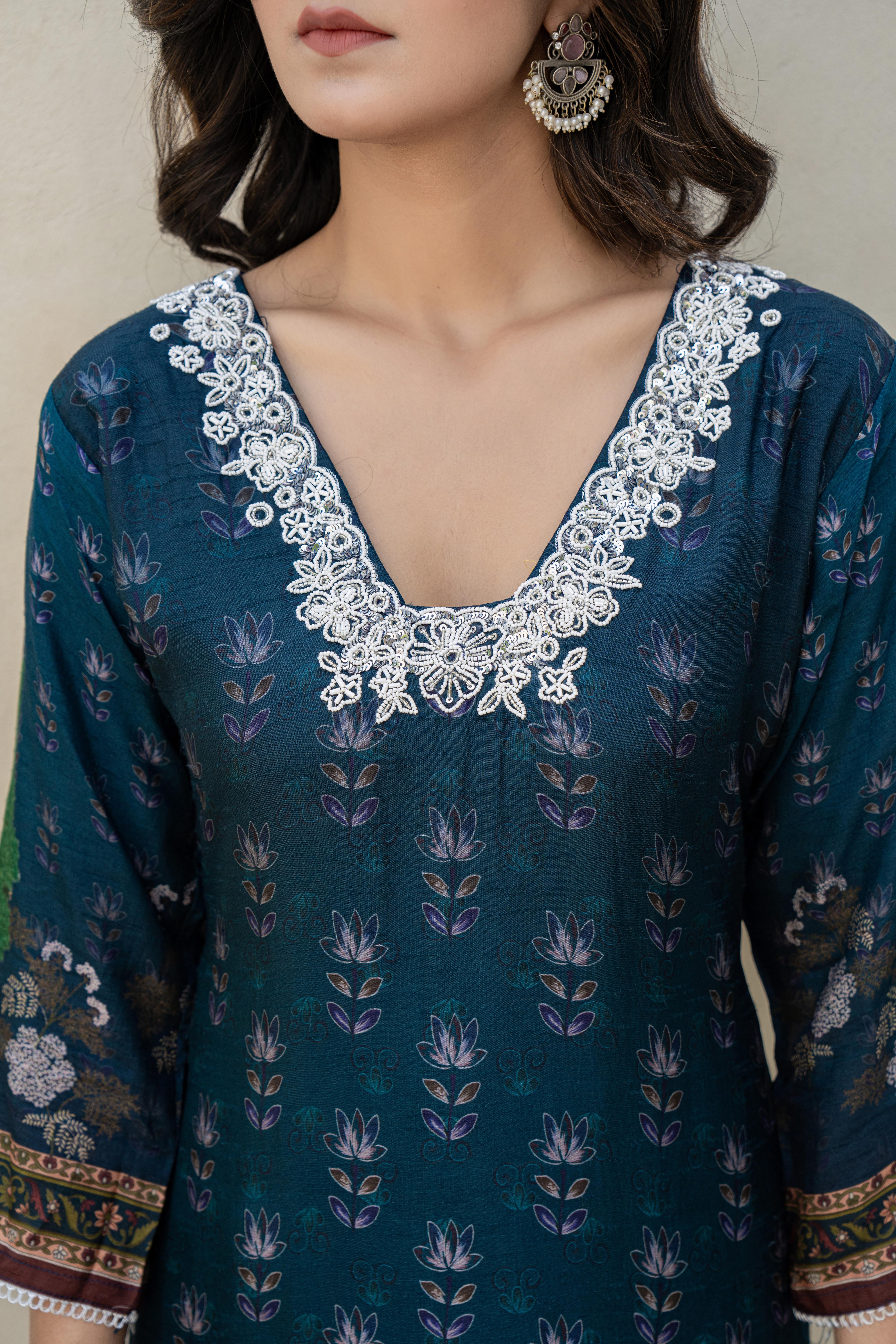 Navy Blue Embroidered Kurti Set with Scenic Dupatta | House of Olivia
neckline view