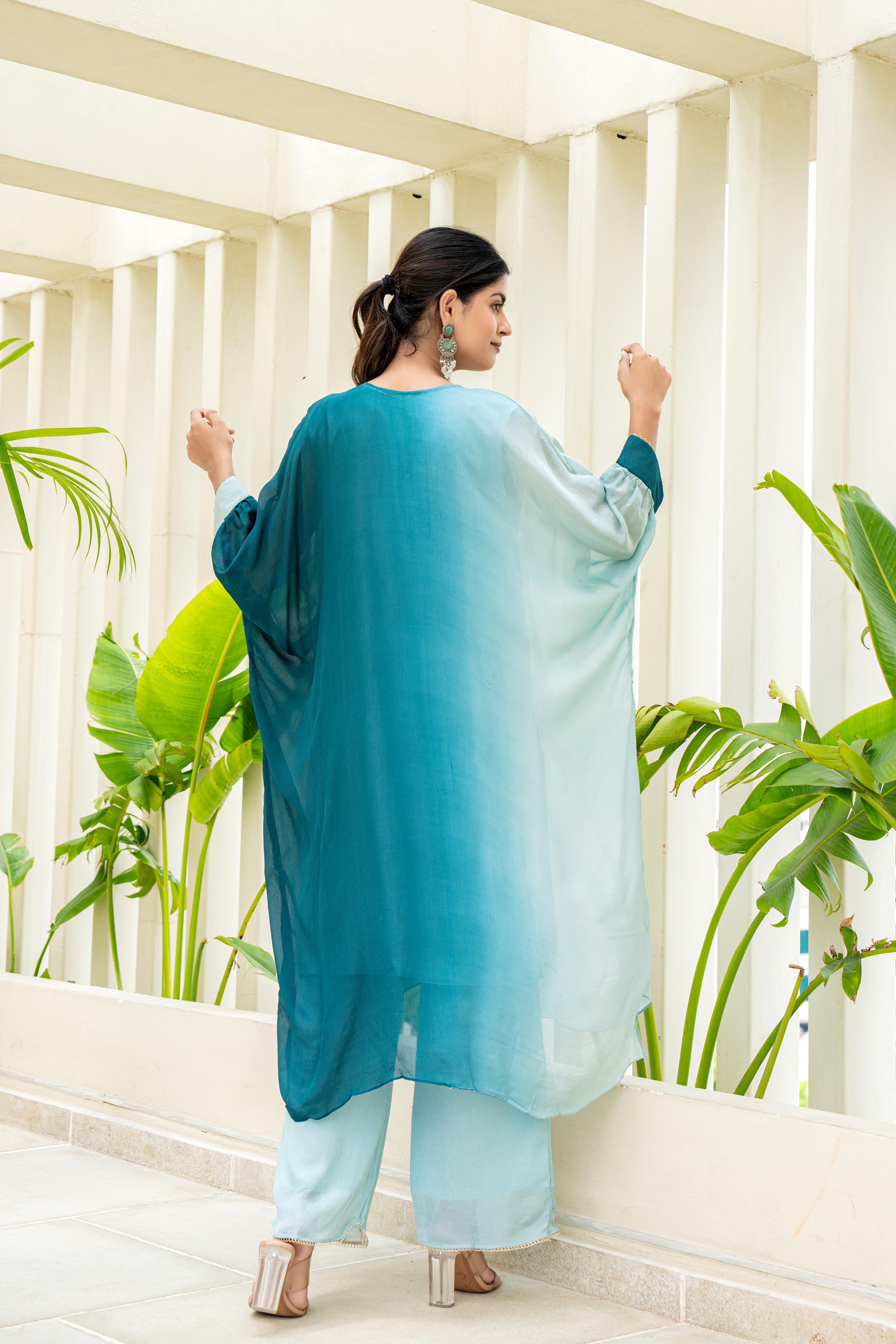 Aqua Ombre Indo-Western Co-ord Set with Embroidered Detailing | House of Olivia back view