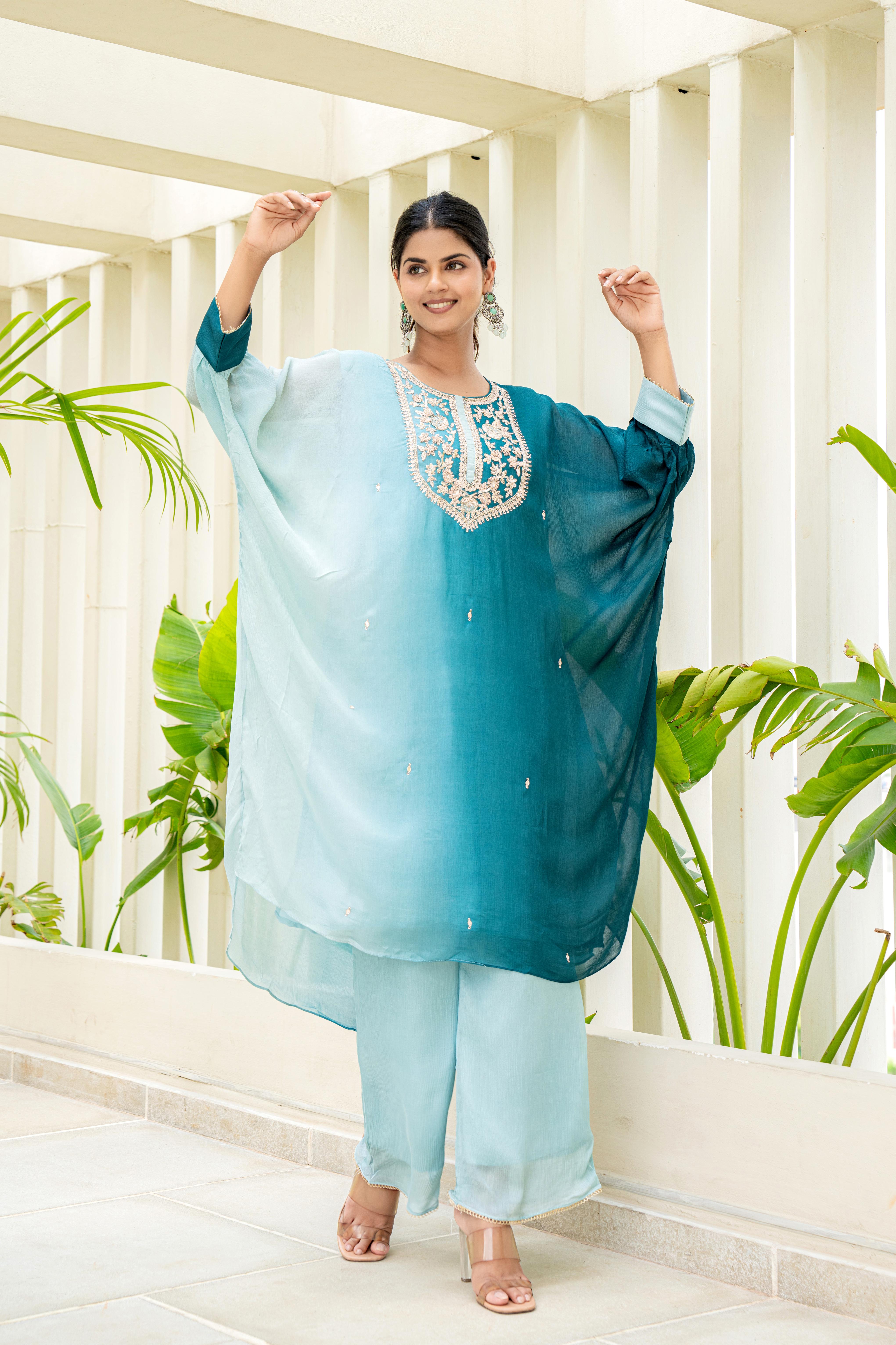 Aqua Ombre Indo-Western Co-ord Set with Embroidered Detailing | House of Olivia front view