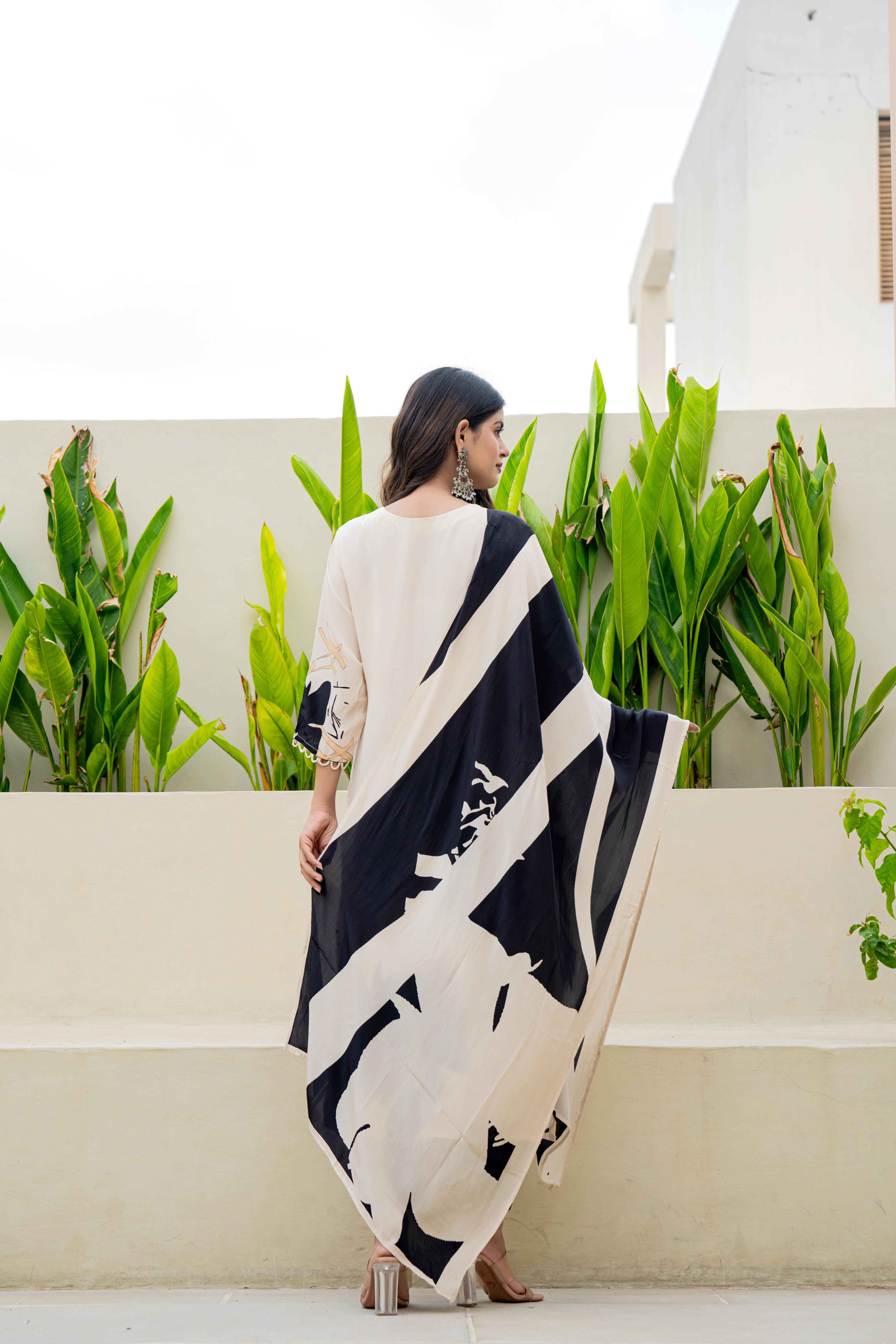 Black & White Floral Printed Kurti Set with Dupatta | House of Olivia back view