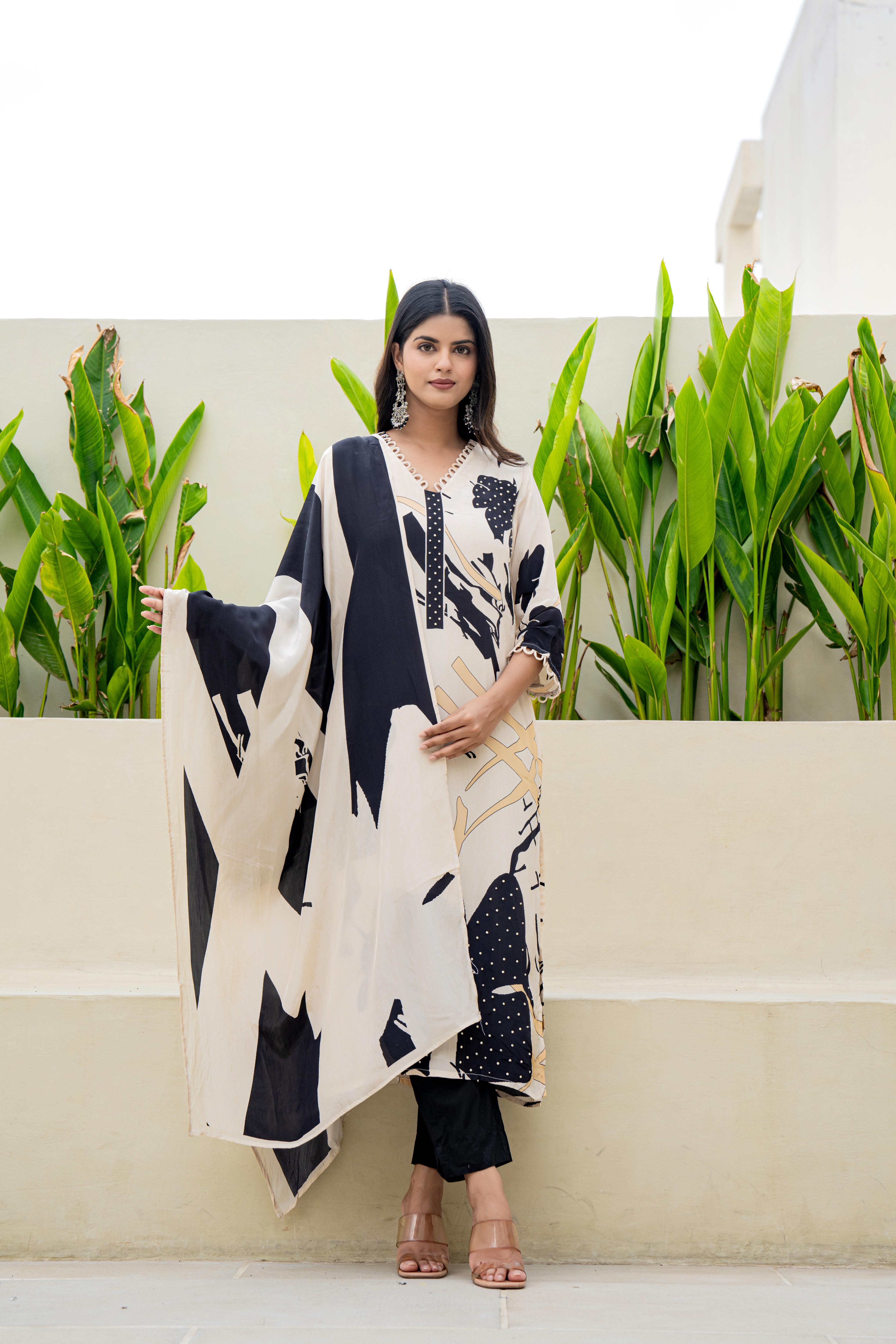 Black & White Floral Printed Kurti Set with Dupatta | House of Olivia dupatta view