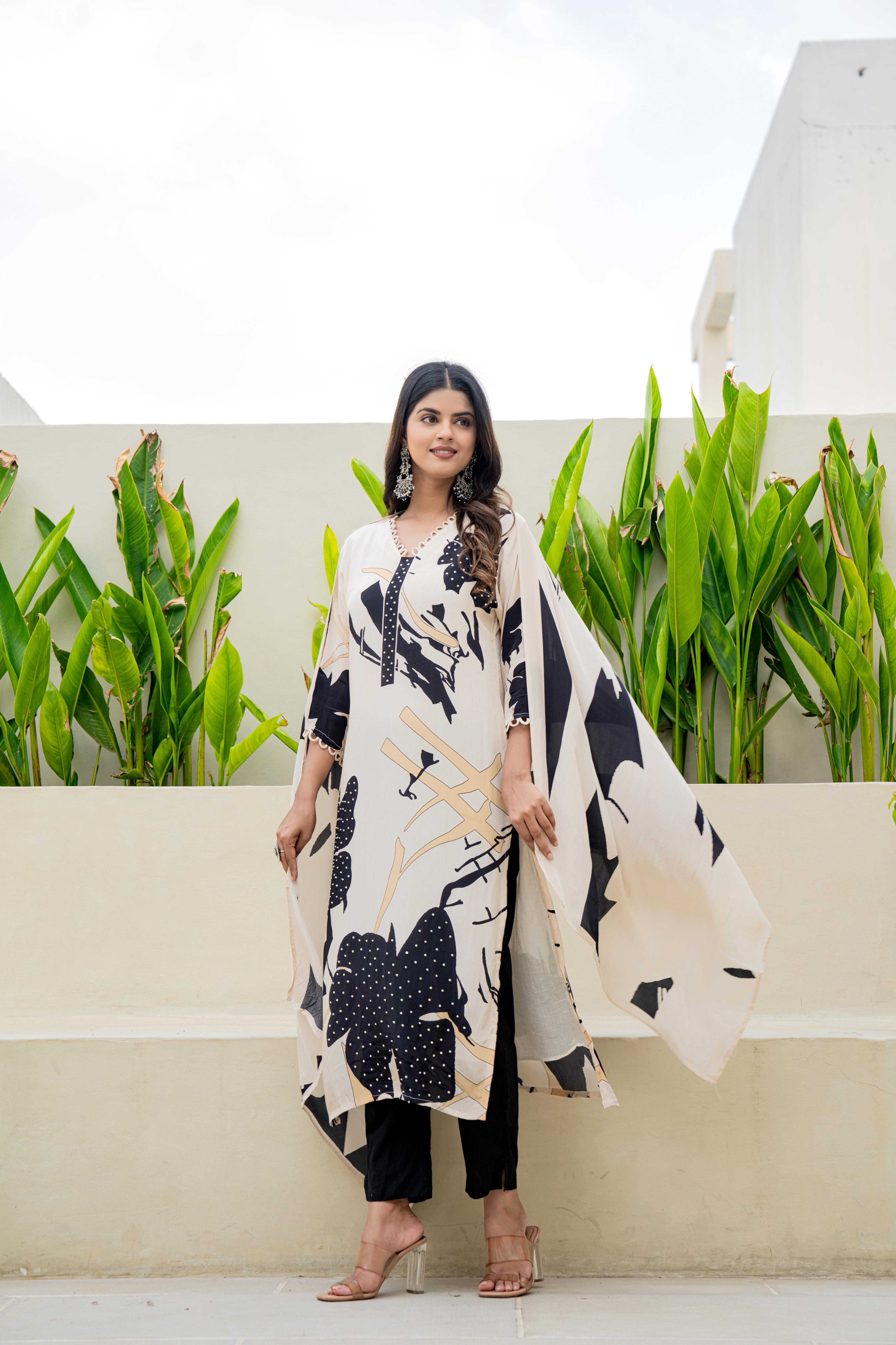 Black & White Floral Printed Kurti Set with Dupatta | House of Olivia front vew