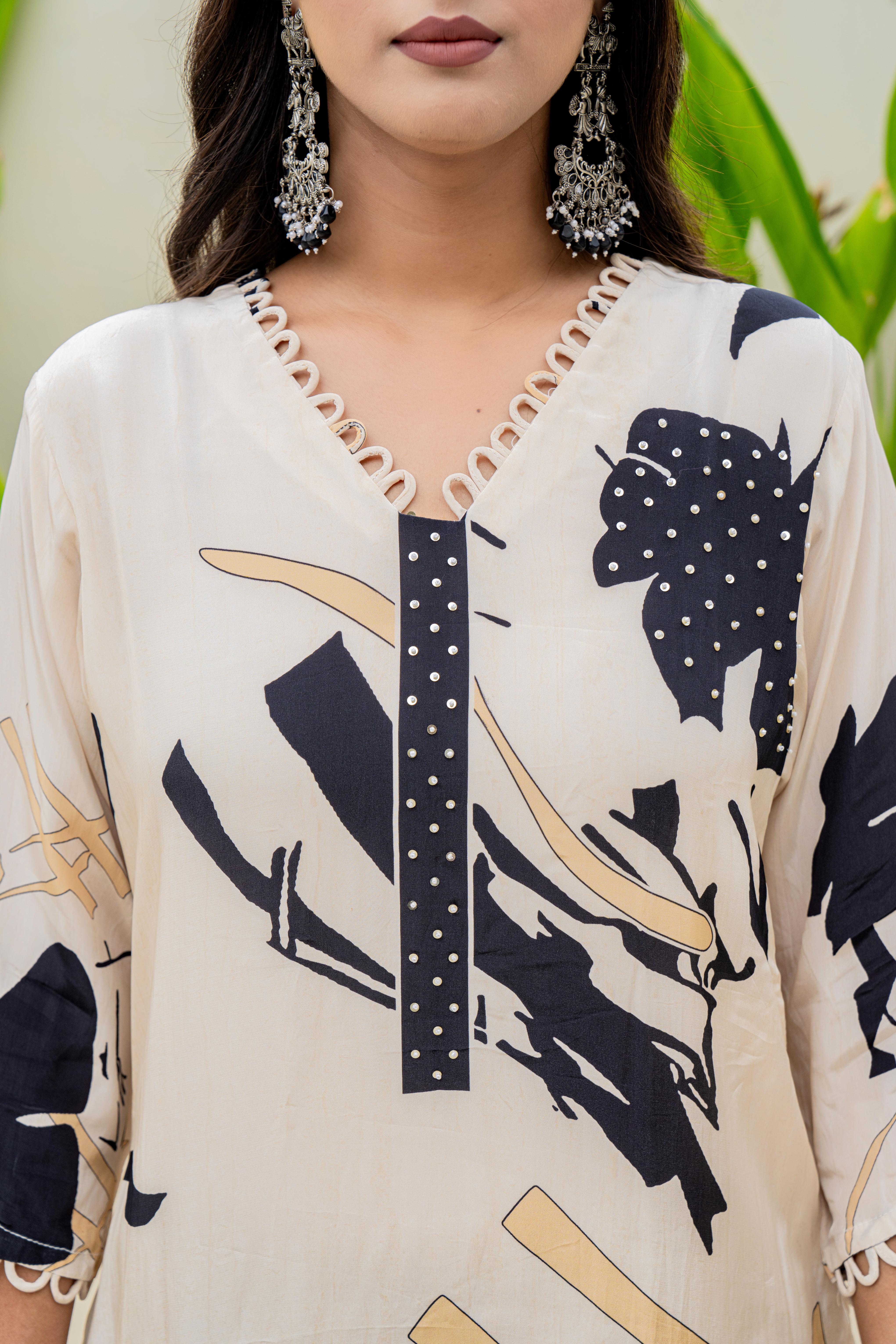 Black & White Floral Printed Kurti Set with Dupatta | House of Olivia neckline view