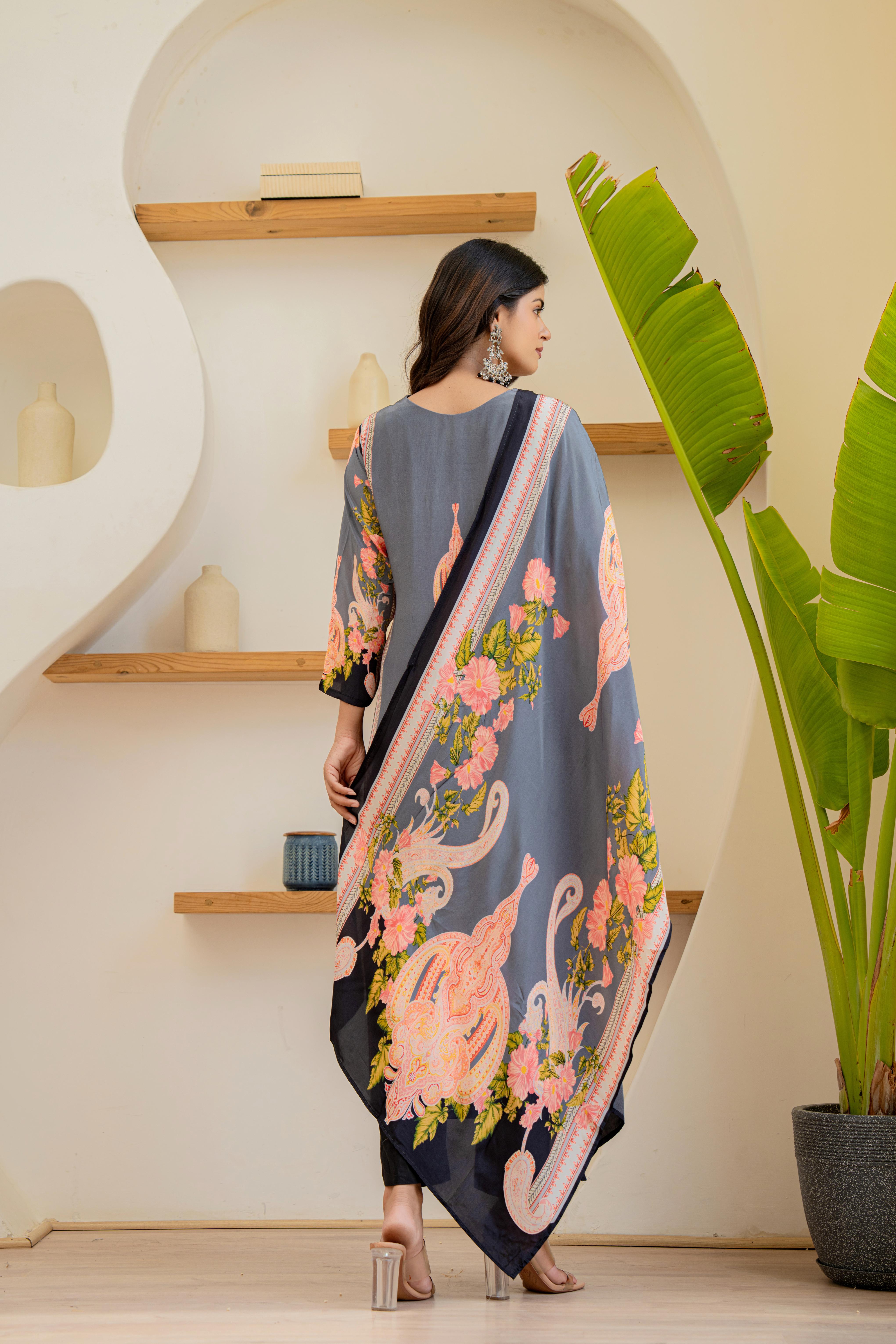 Grey Floral Printed Kurti Set with Dupatta | House of Olivia back view