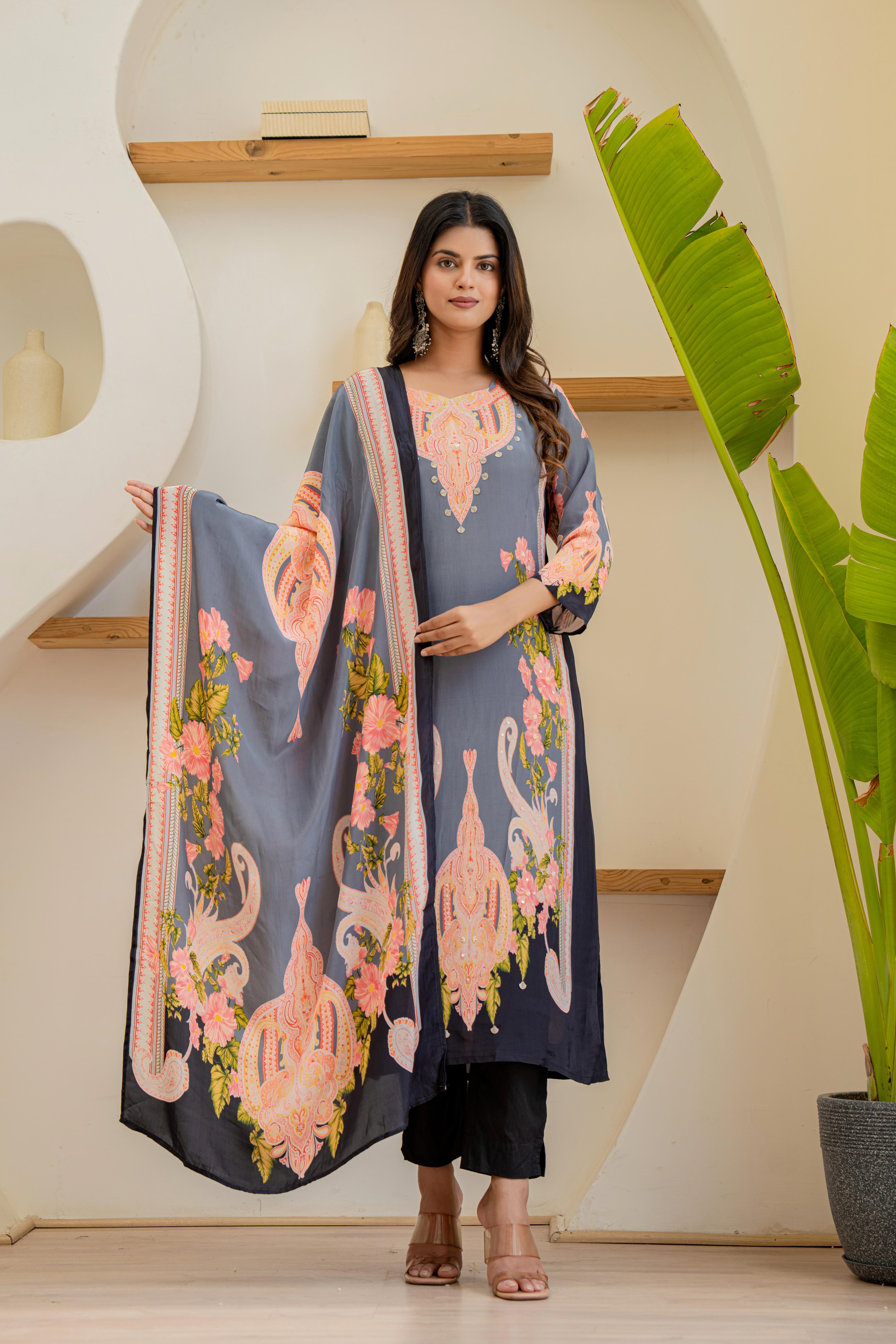 Grey Floral Printed Kurti Set with Dupatta | House of Olivia dupatta view