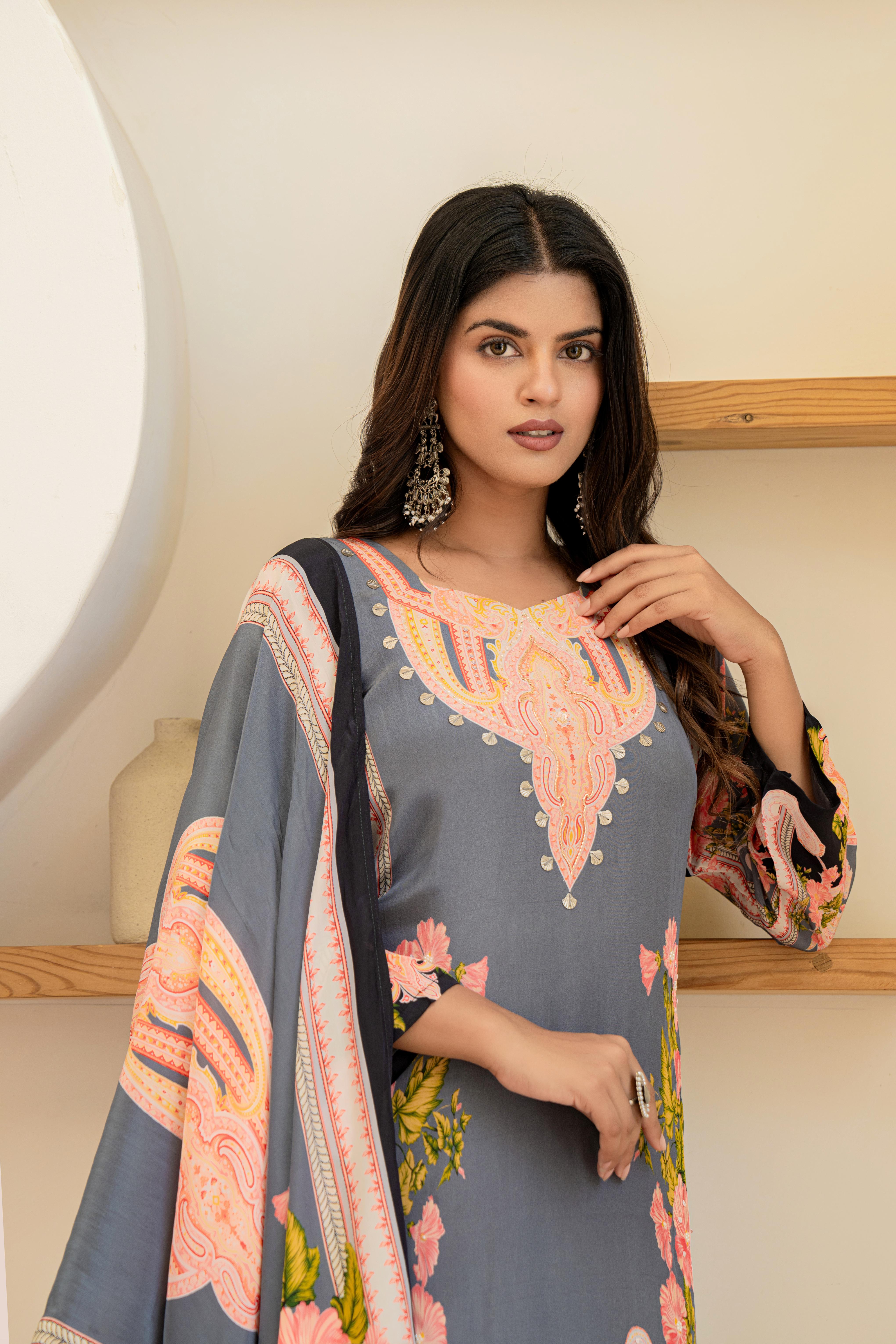 Grey Floral Printed Kurti Set with Dupatta | House of Olivia top view
