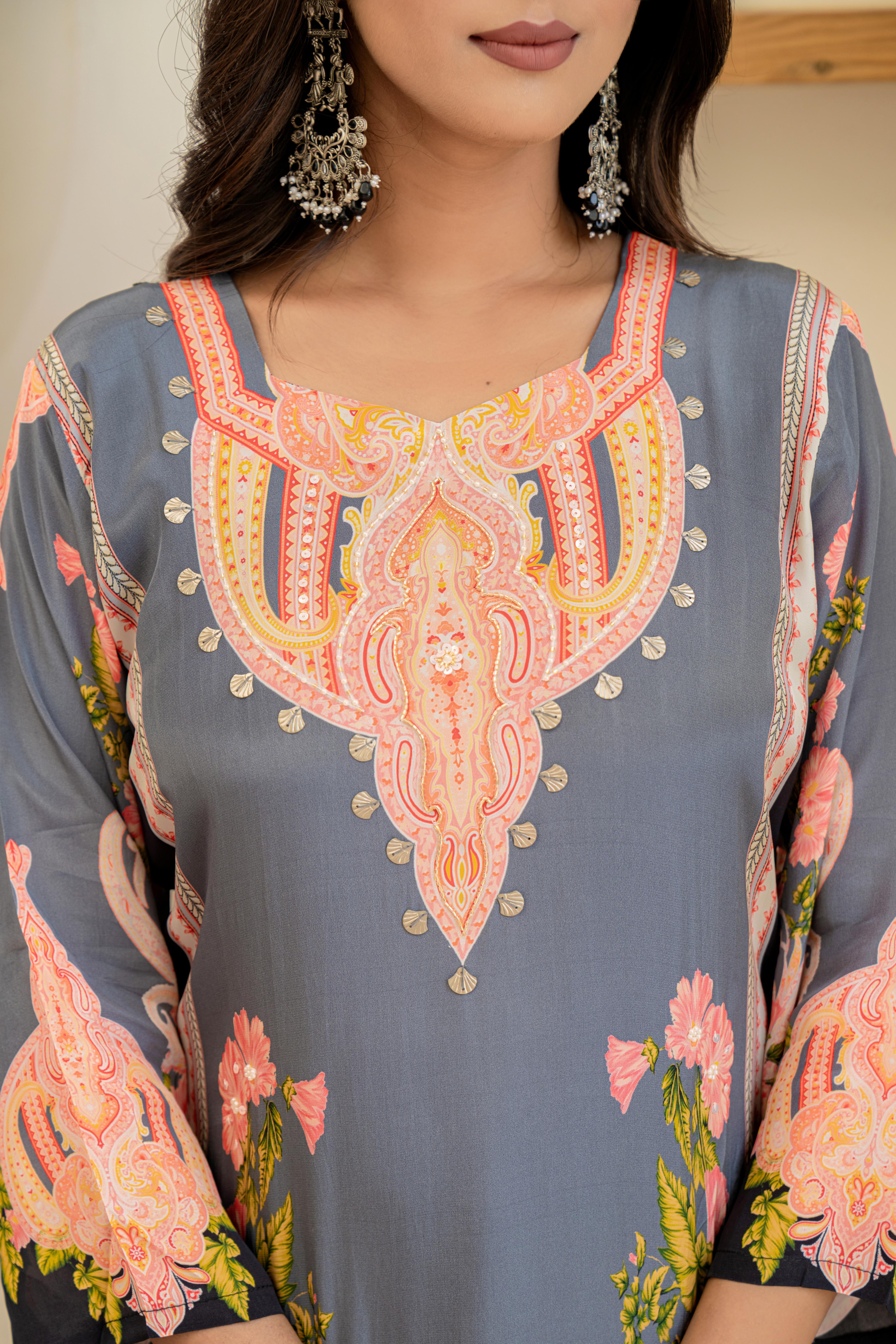 Grey Floral Printed Kurti Set with Dupatta | House of Olivia neckline view
