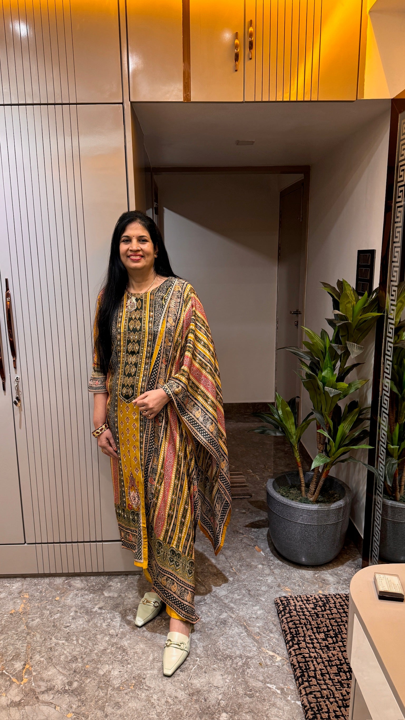 Mustard Printed Long Kurti with Ethnic Detailing side view