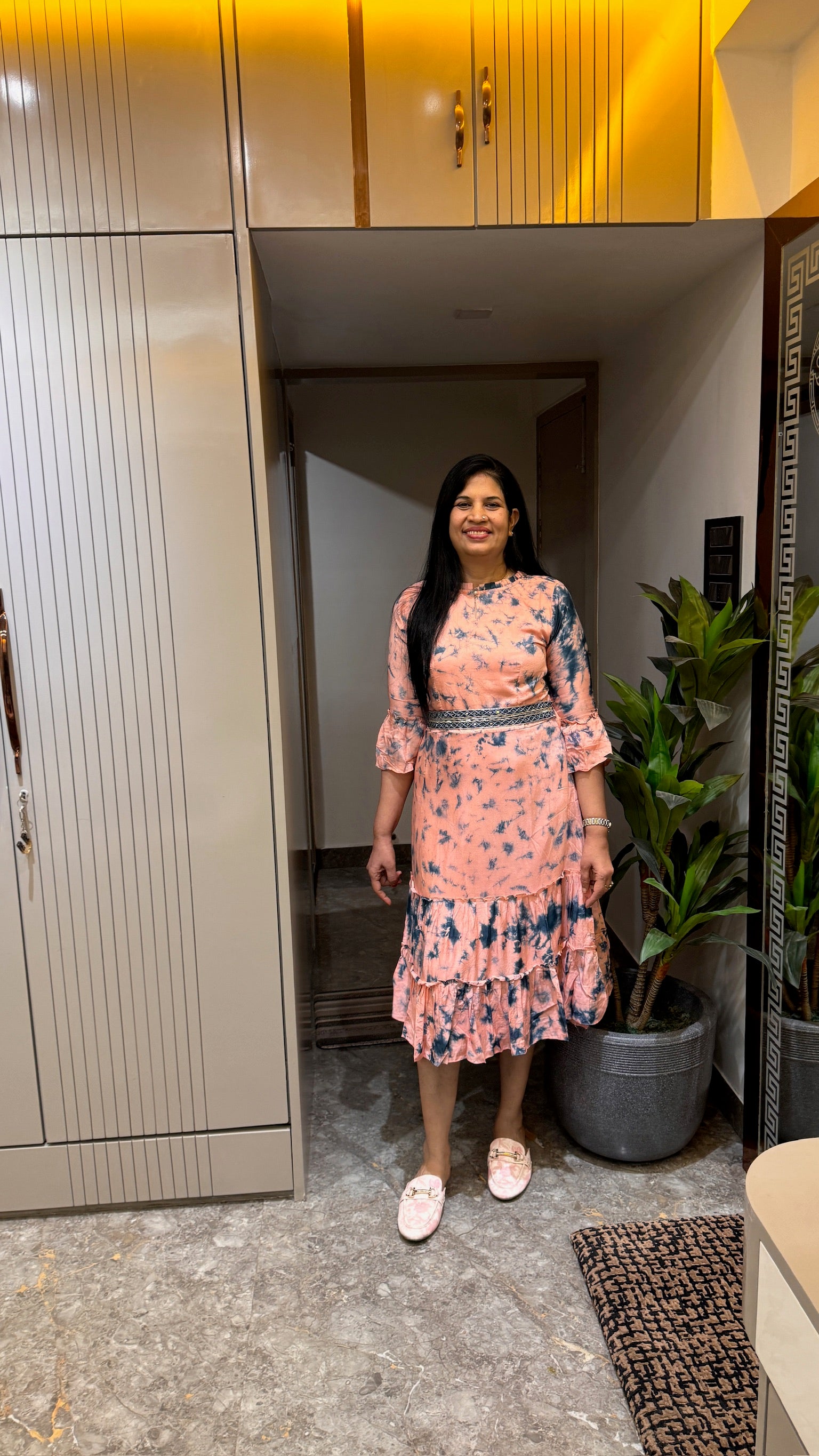 Peach Tie-Dye Flared Midi Dress with Ruffled Hem overview