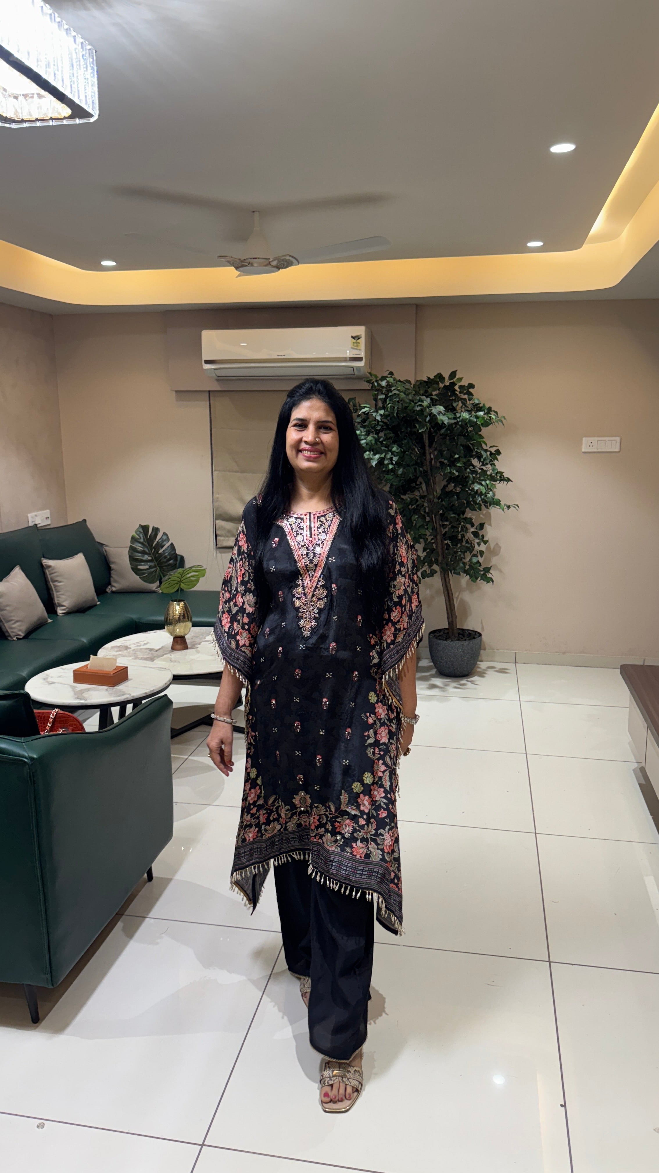 Hand-Embroidered Black Floral Kaftan front view