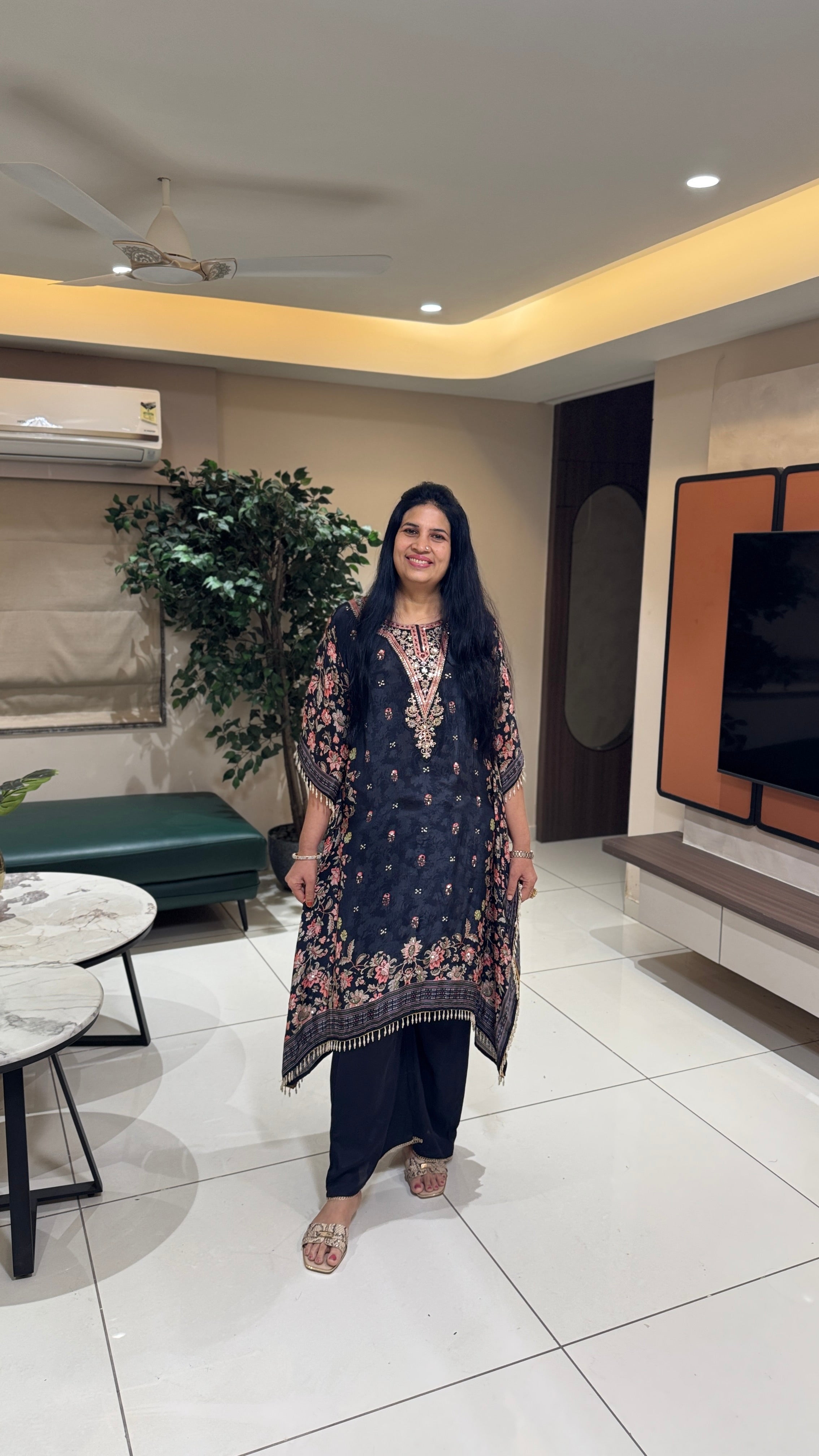 Hand-Embroidered Black Floral Kaftan full view