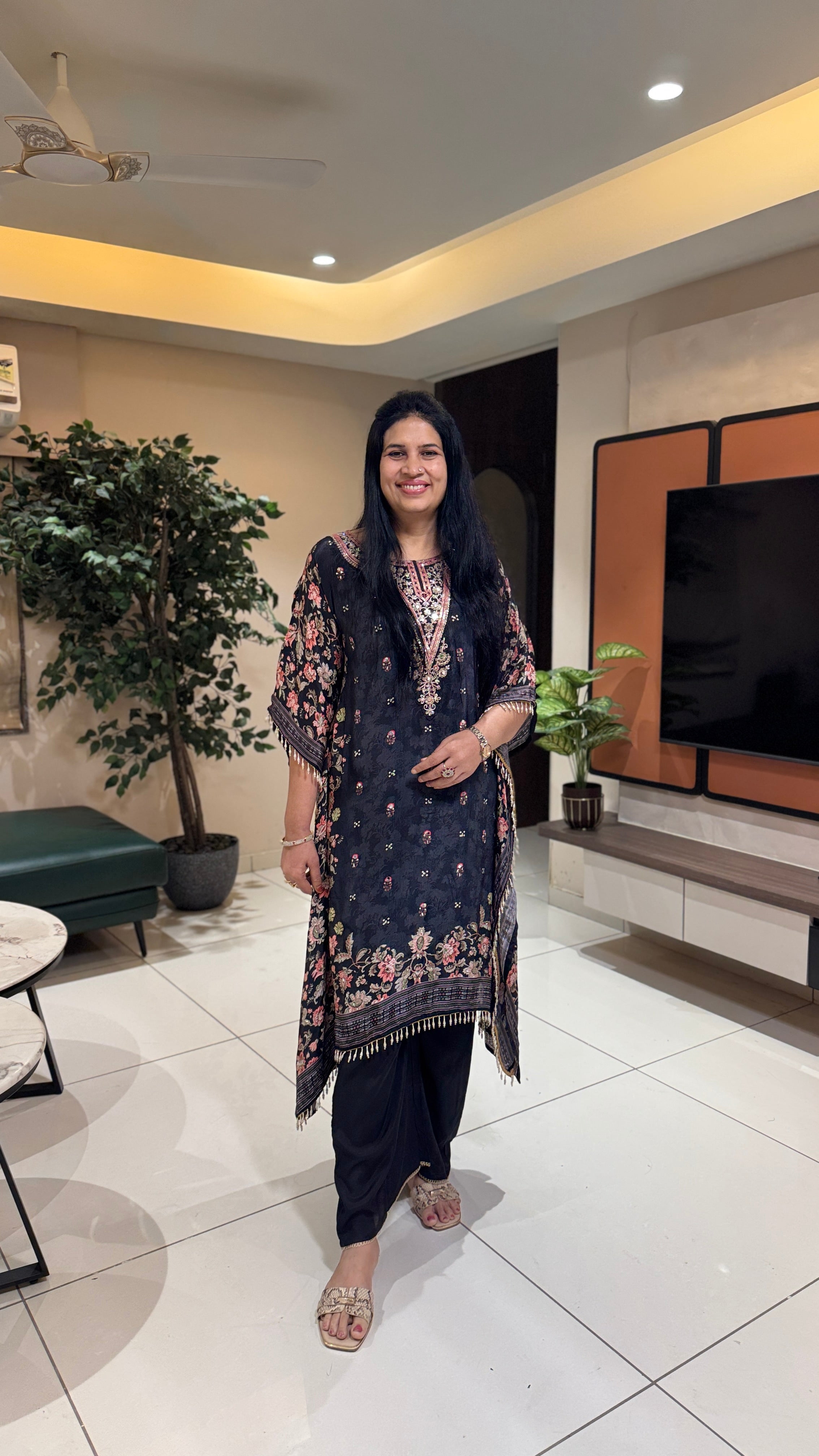 Hand-Embroidered Black Floral Kaftan whole view