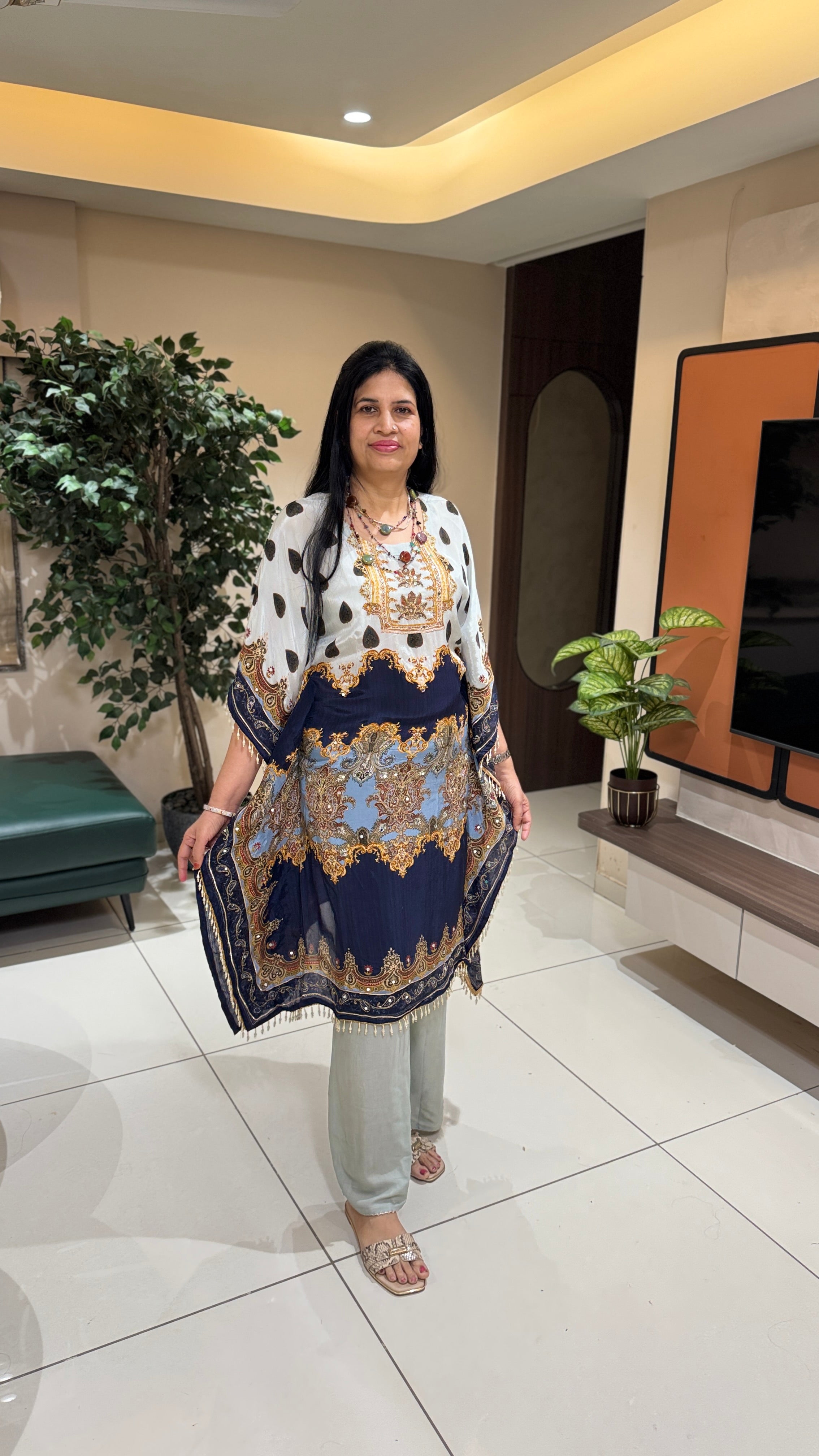 Royal Navy Blue and White Printed Kaftan with Gold Accents front view