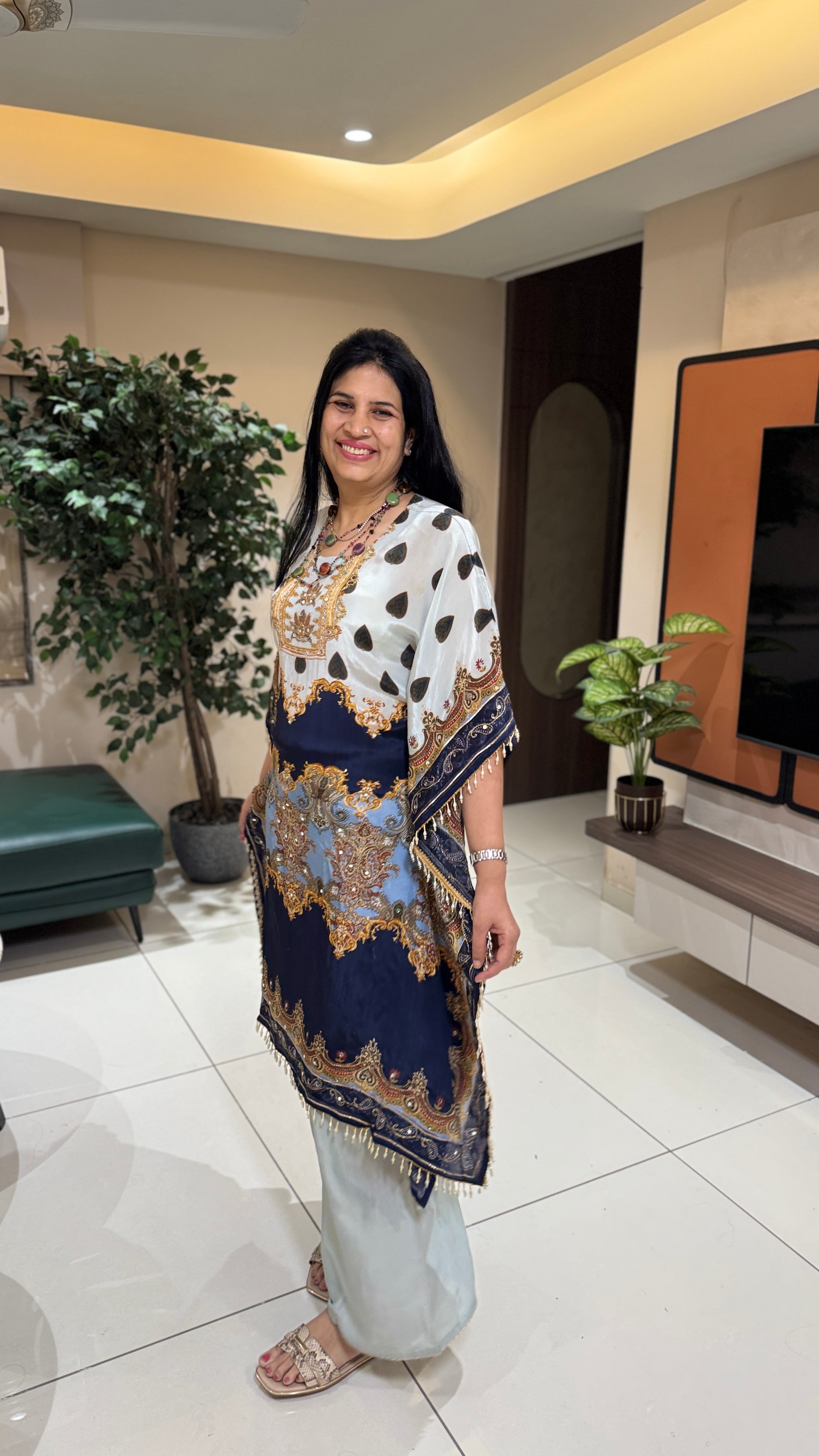 Royal Navy Blue and White Printed Kaftan with Gold Accents side view