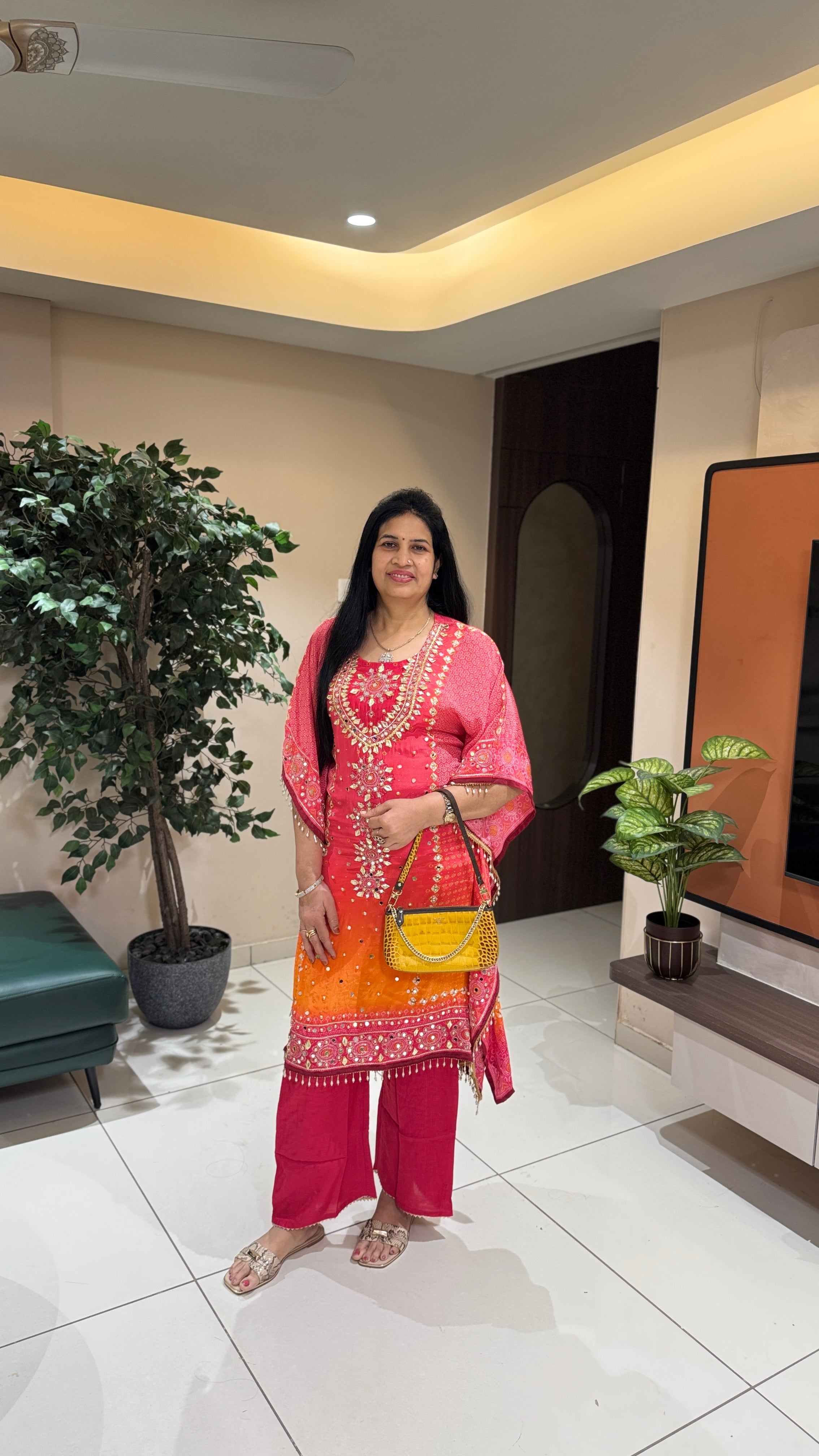 Vibrant Pink & Orange Hand-Embroidered Ombre Kaftan full view