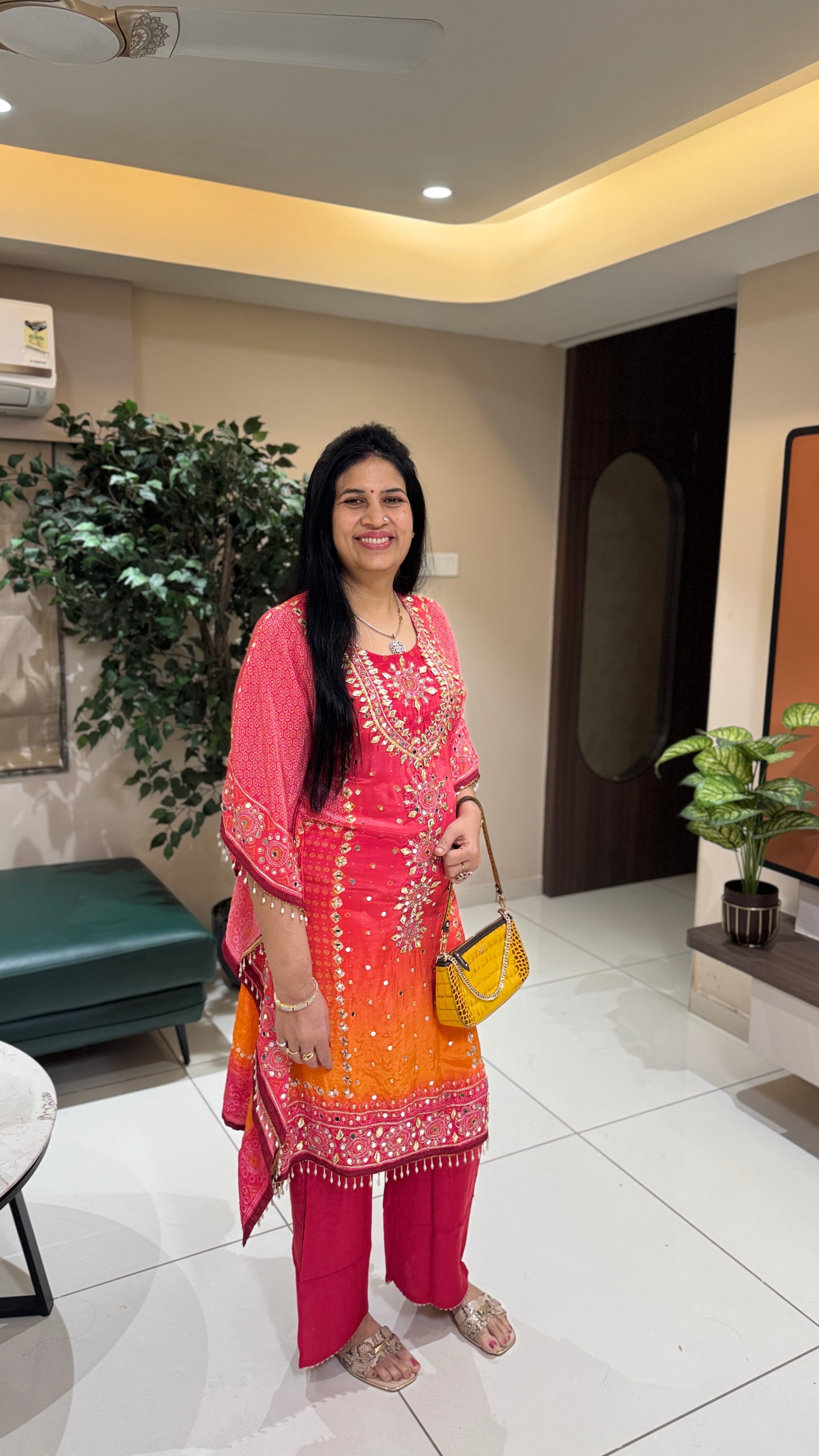 Vibrant Pink & Orange Hand-Embroidered Ombre Kaftan side view