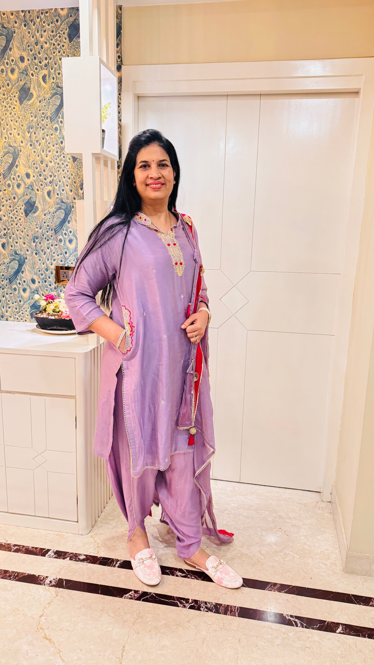 Lilac Embroidered Kurti Set with Dupatta side view