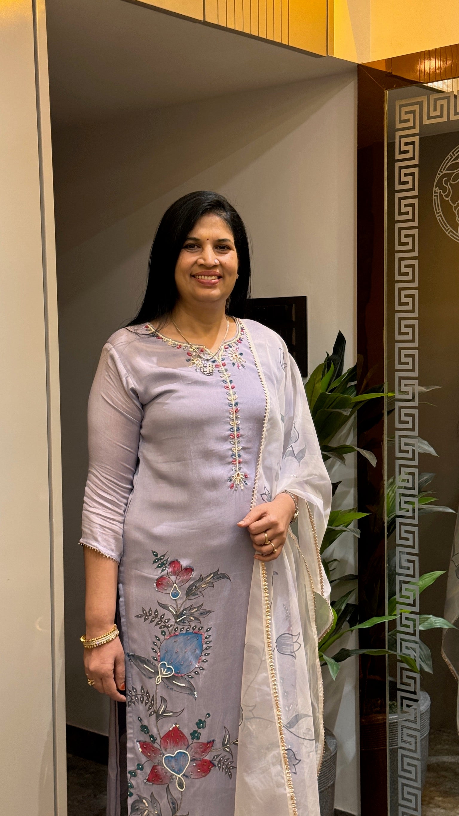 Soft Lavender Floral Embroidered Kurti Set with Dupatta zoom view