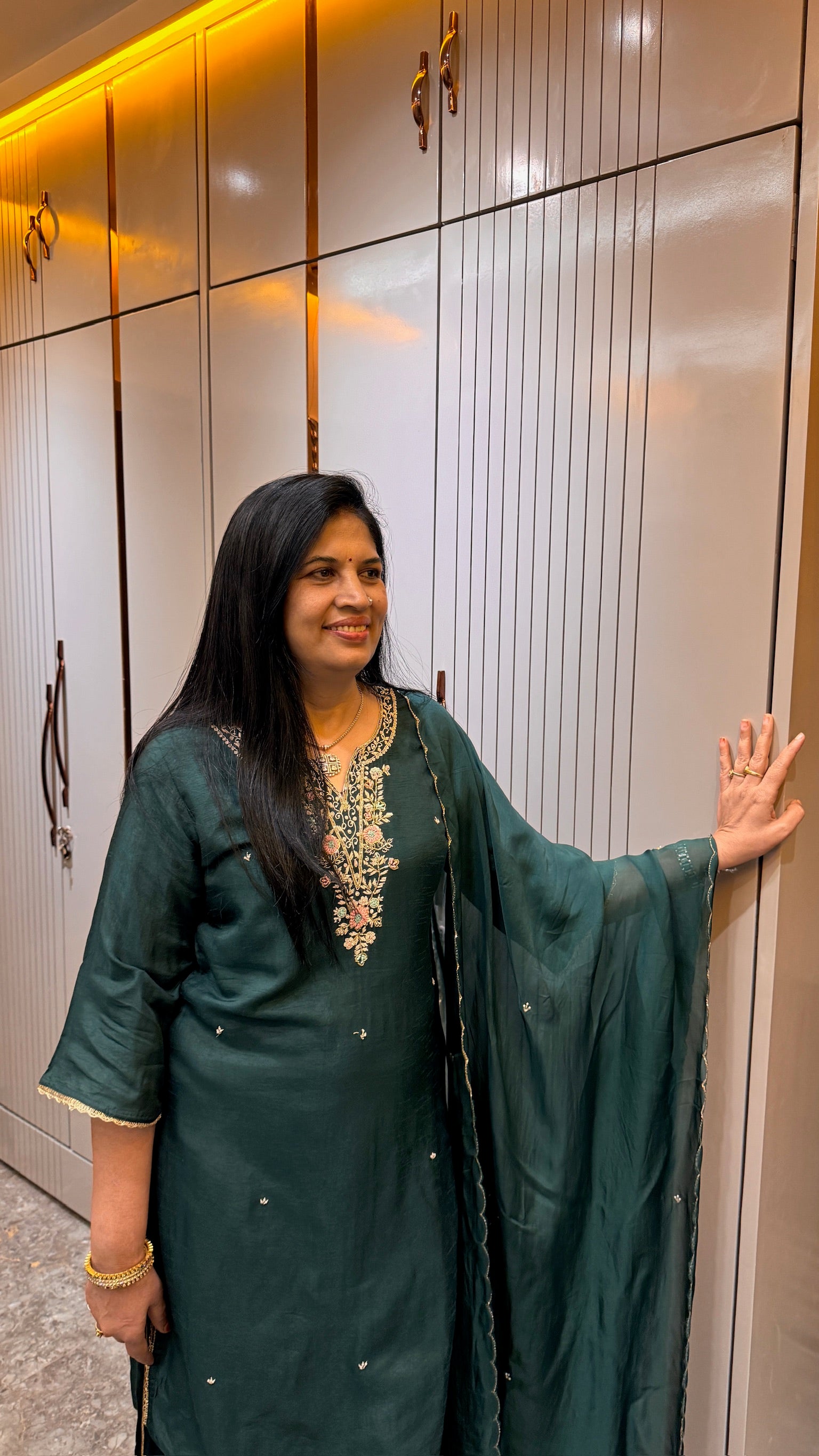 Emerald Green Embroidered Kurti Set with Dupatta potrait view