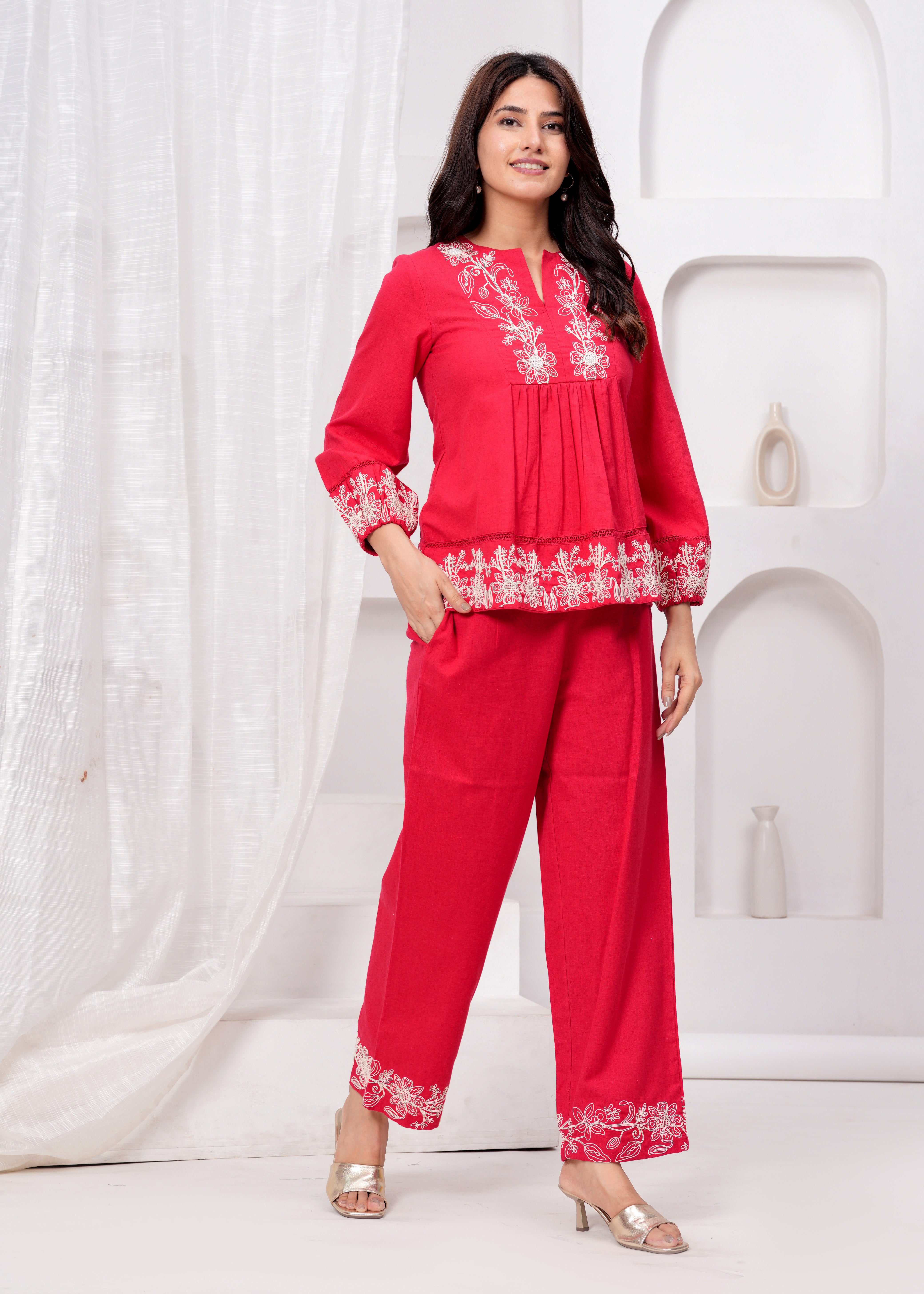 Red Embroidered Co-ord Set with Flared Pants Front view